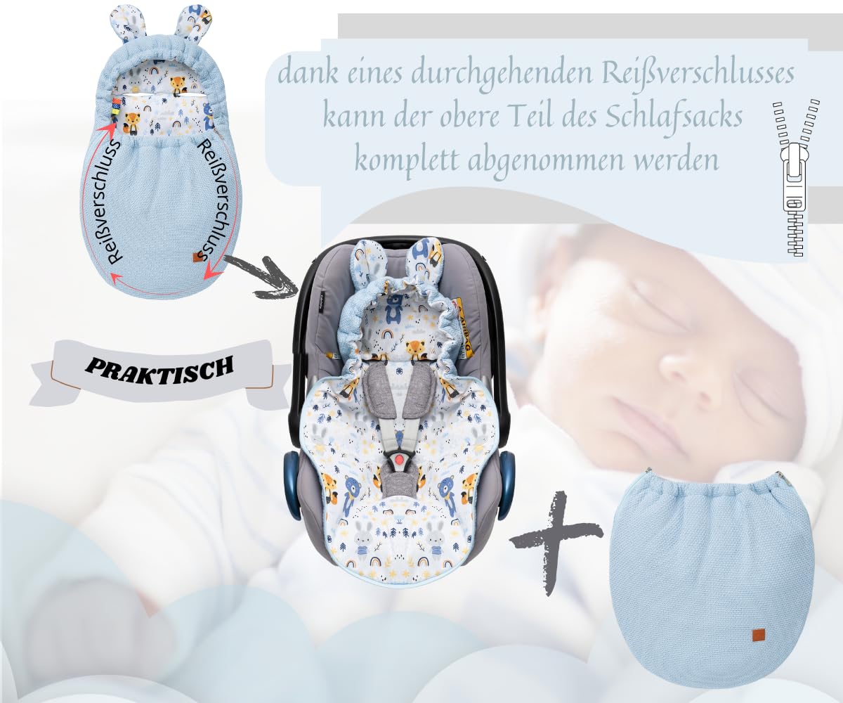 Mikos Einschlagdecke Babyschale Herbst Winter, Baby Fußsack mit Zip 100% Baumwolle GOTS Zert. Universal für Kinderwagen Buggys Maxi Cosi 3 Punkt Gurt Blau