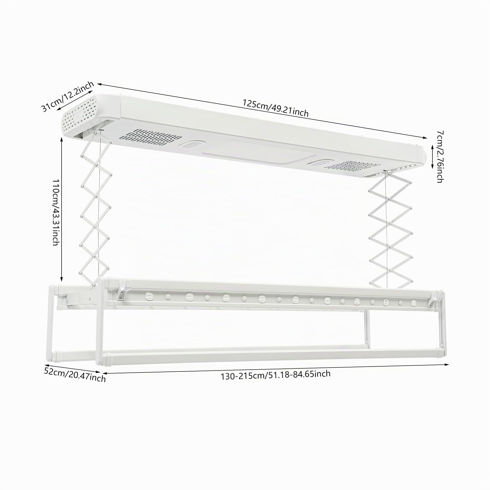 Elektrischer Wäscheständer Decken-Wäschetrockner mit Fernbedienung LED Licht 130-215cm teleskopierbar 35kg belastbar mit Ventilator Teleskopstange sterilisierbar 220V für Balkon (Weiß)