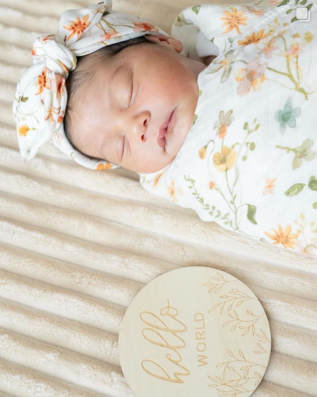 Muslin Swaddle Set with 100% Organic Floral Swaddle, Hat, Bow, and Newborn Welcome World Sign for Baby Girls 70% Bamboo/30% Organic Cotton