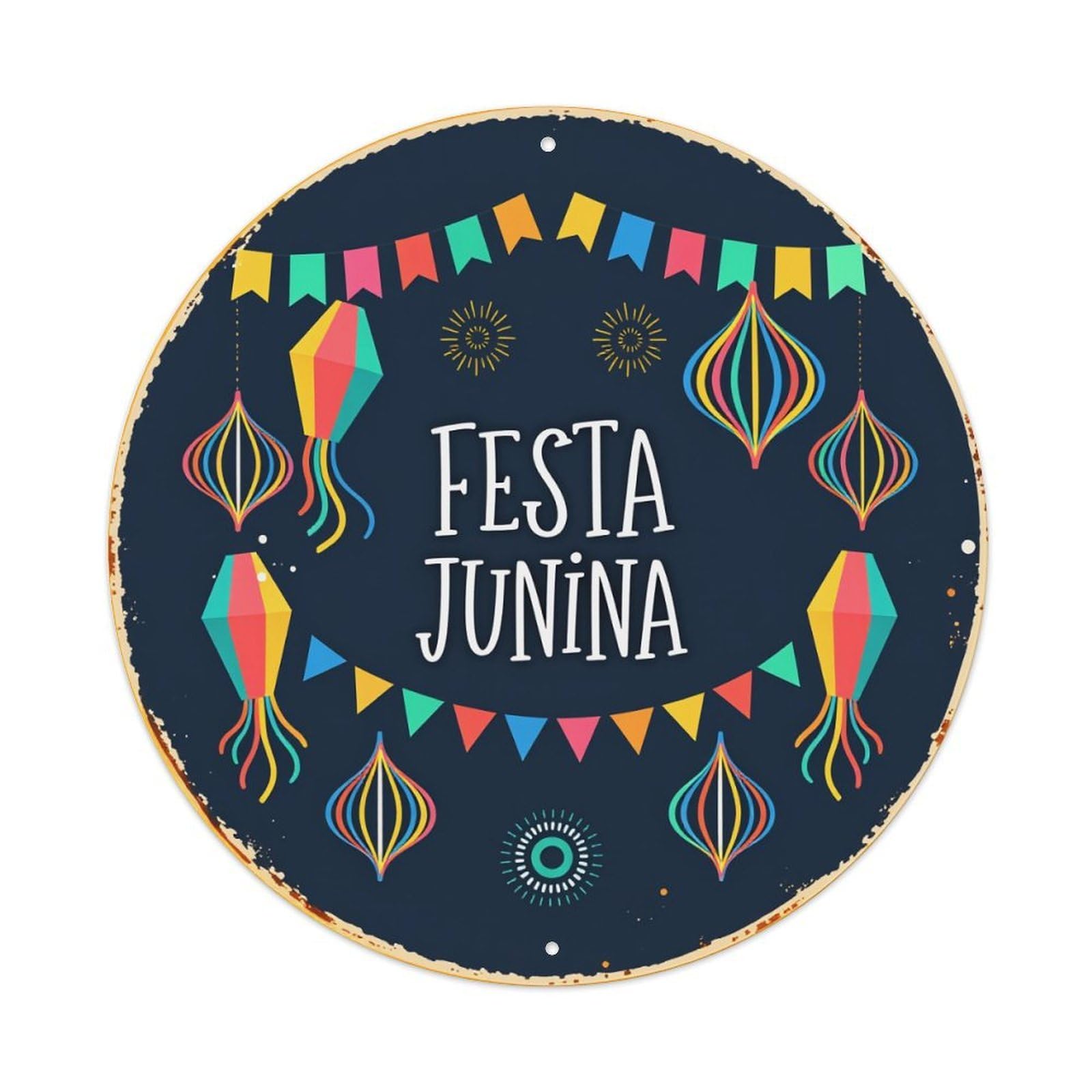 Festa Junina Lanterns Flags Stars Metal Tin Sign Vintage Garden Bedroom Cafe Bar Man Cave Home Wall Decor Metal Poster 8x8 inches