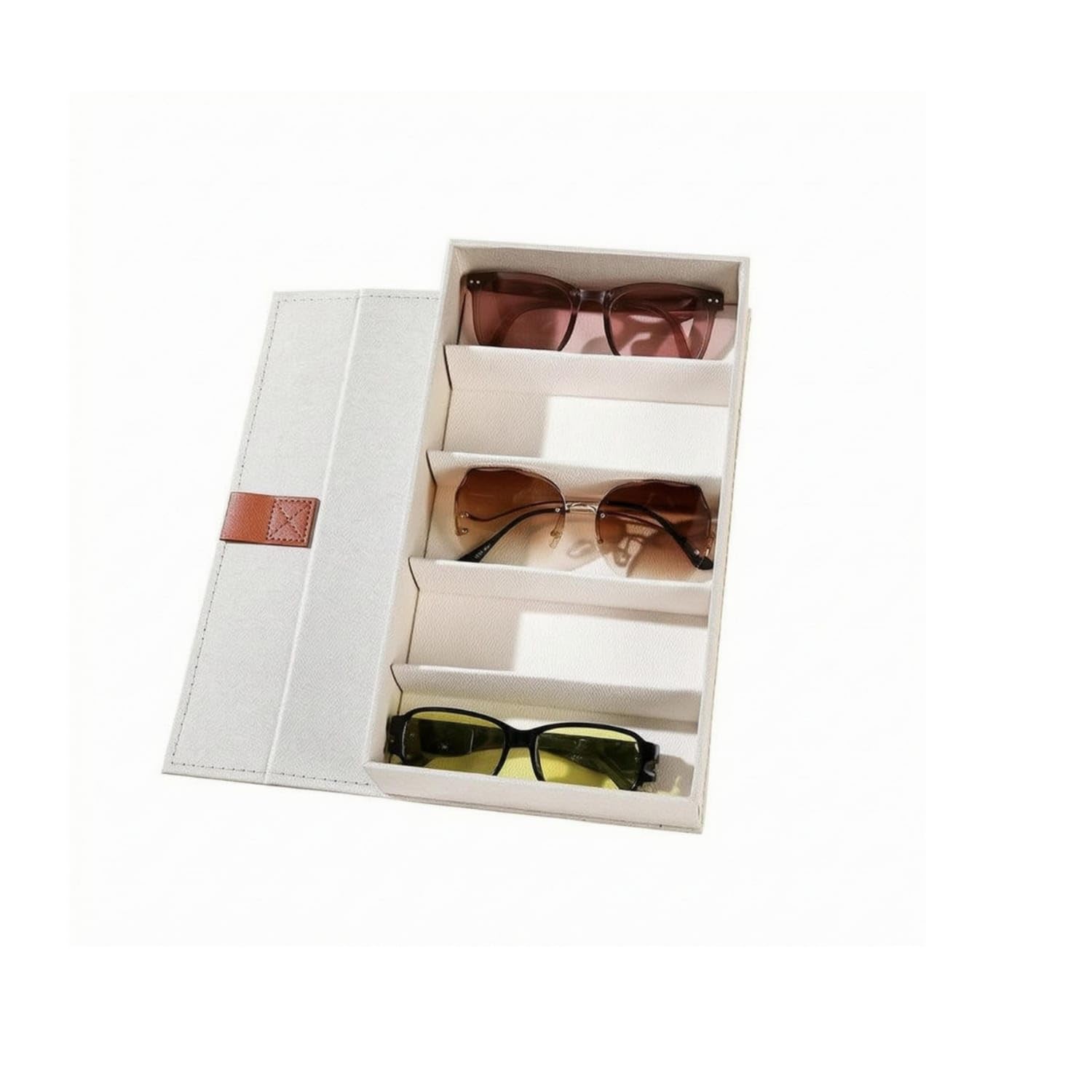 Oxford Cloth 5-Slot Eyewear Box clothCovered Eyeglasses Storage Box Stitched Strap Closure Hinged Eyewear Case Structured Interior, Beige-image-23