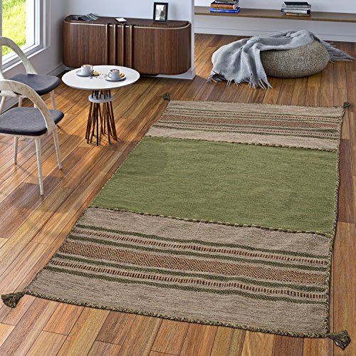 TT Home Handwebteppich Wohnzimmer Natur Webteppich Kelim Modern Baumwolle Streifen Grün,...