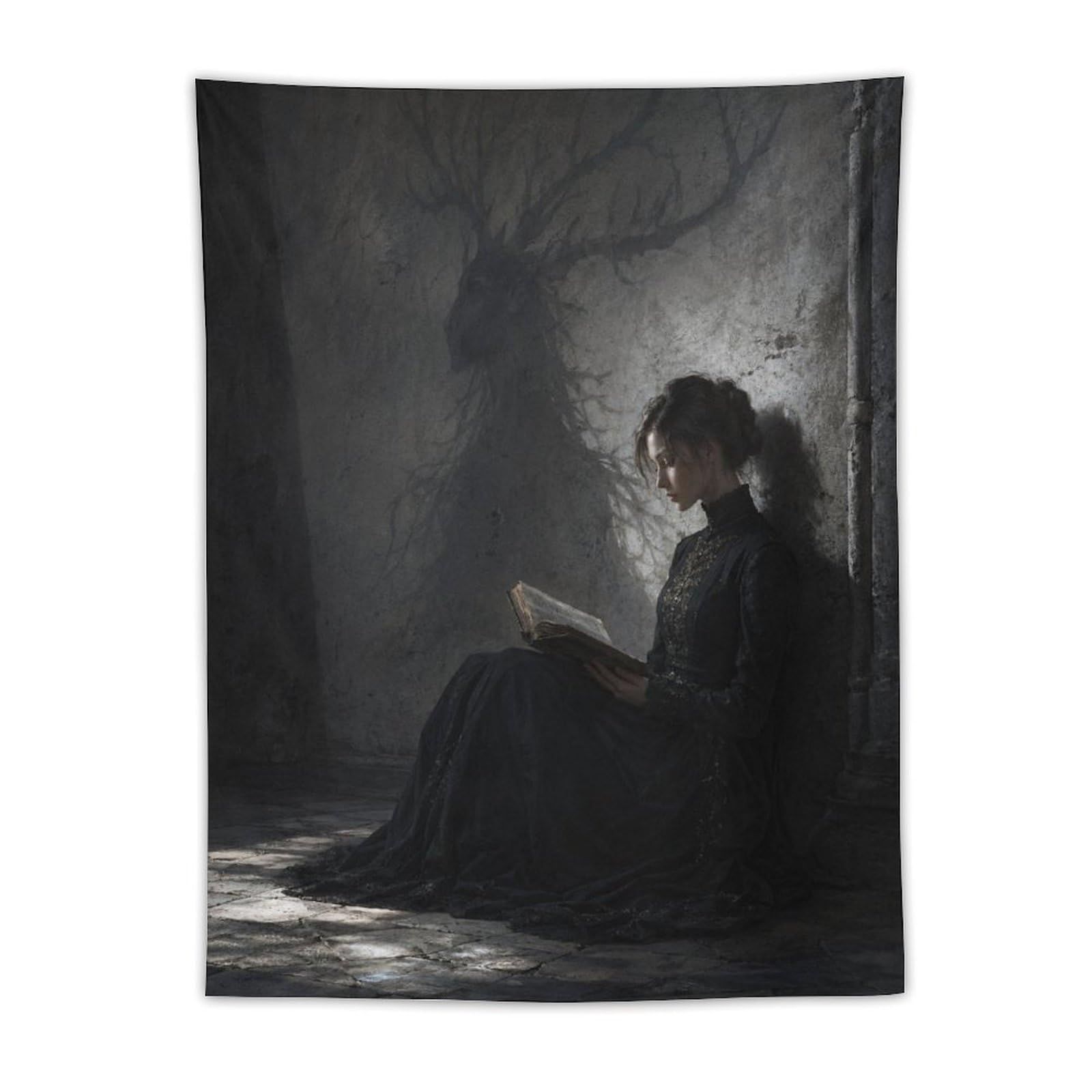 H3B8U2Y5 Moonlit Woman Reading Wall Tapestry, Fantasy Illustration