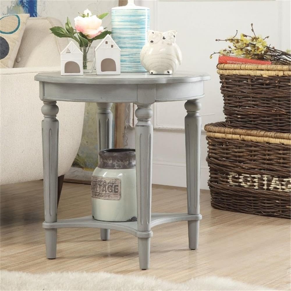 BOWERY HILL Solid Wood Round End Table, 24 in x 24 in x 24 in, Antique Slate Finish, Turned Legs with Bottom Shelf, Country Cottage Style Indoor Living Room Side Table