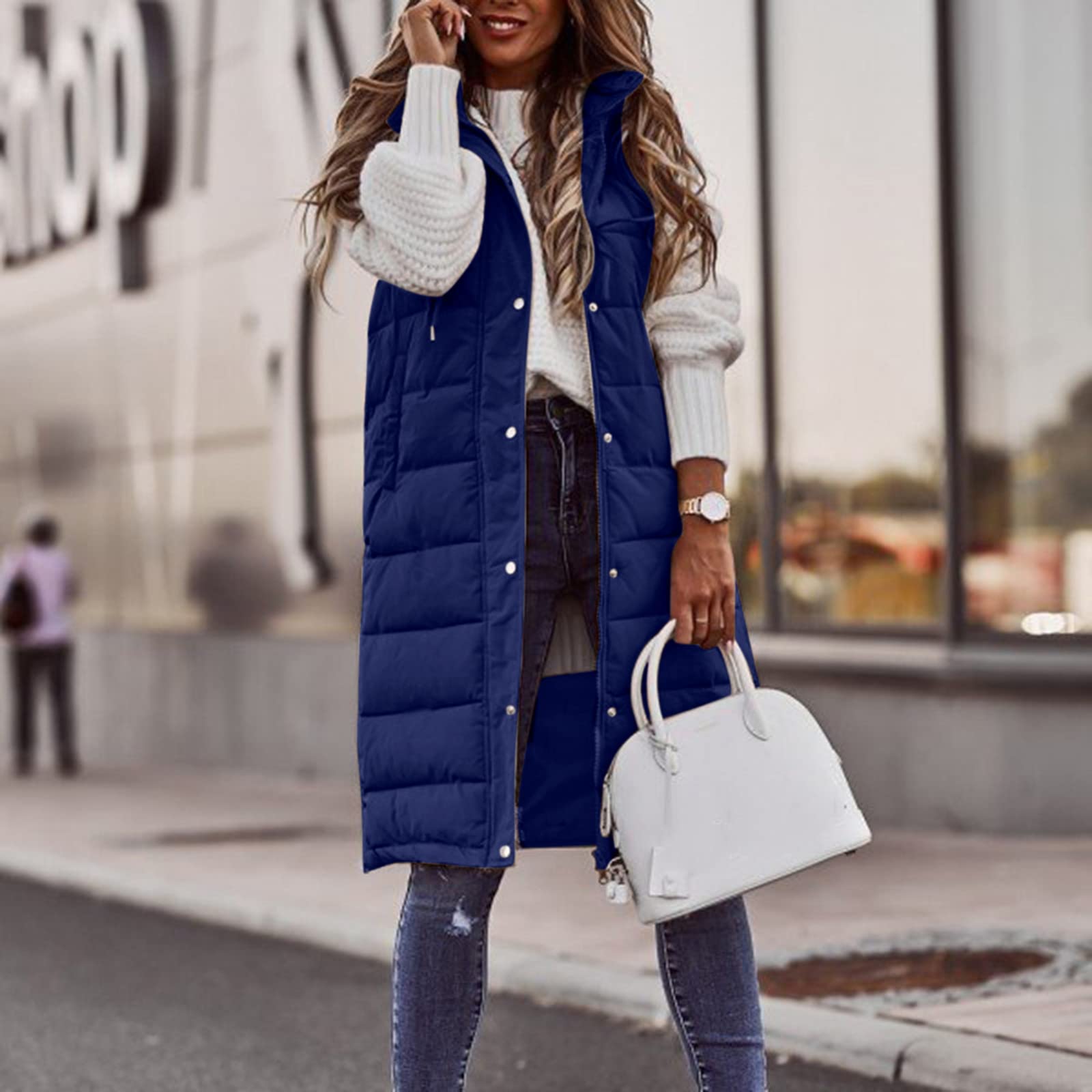 Chaleco largo para mujer - Chaleco acolchado ligero con capucha chaleco delgado chaqueta de invierno chaqueta acolchada sin mangas chaleco con capucha abrigo acolchado portátil a prueba de