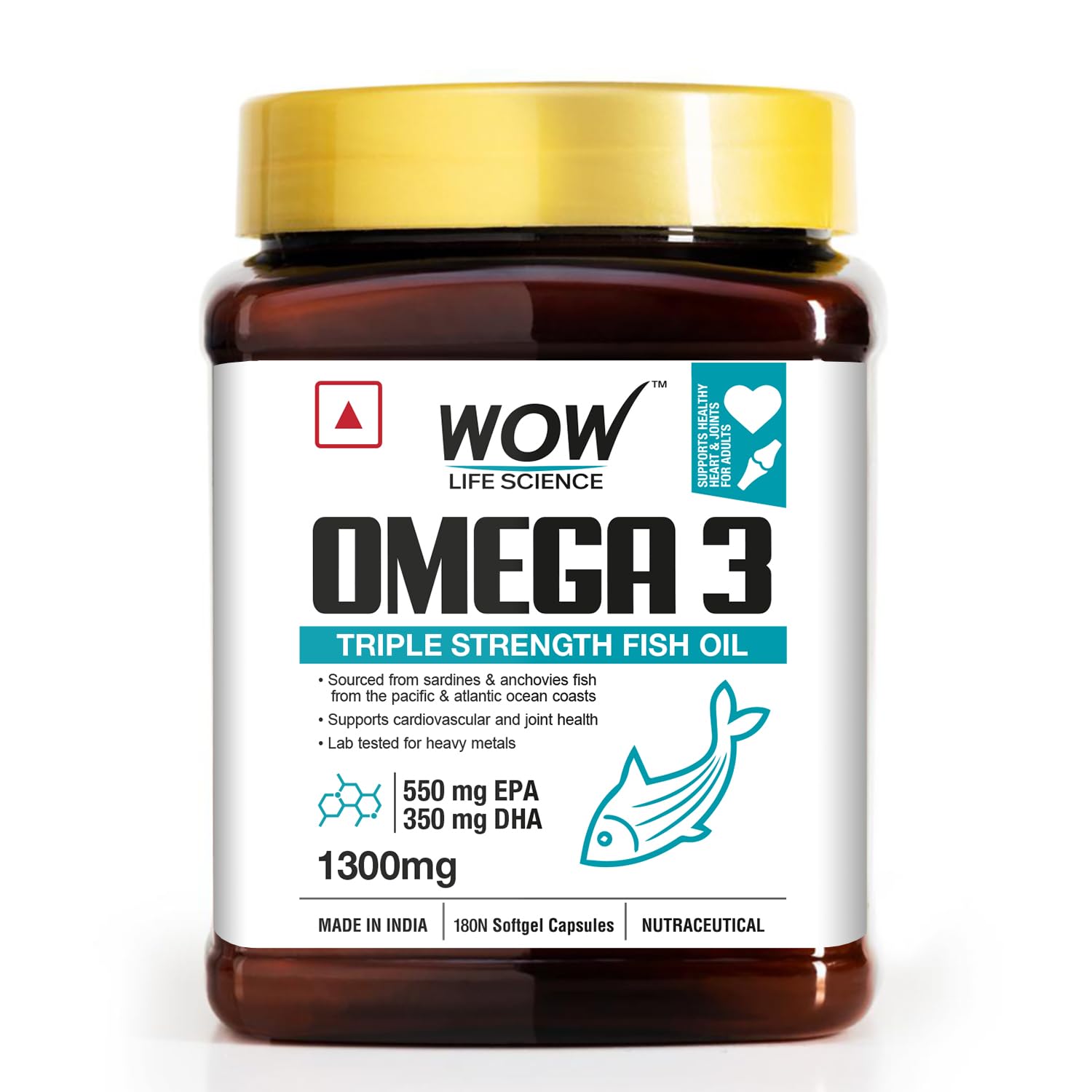 WOW Life Science Omega-3 Fish Oil 1300 mg Triple Strength - 550mg EPA & 350mg DHA for Joints, Heart & Brain Health - 180 Capsules (B09YCL9R2V) Amazon Price History, Amazon Price Tracker