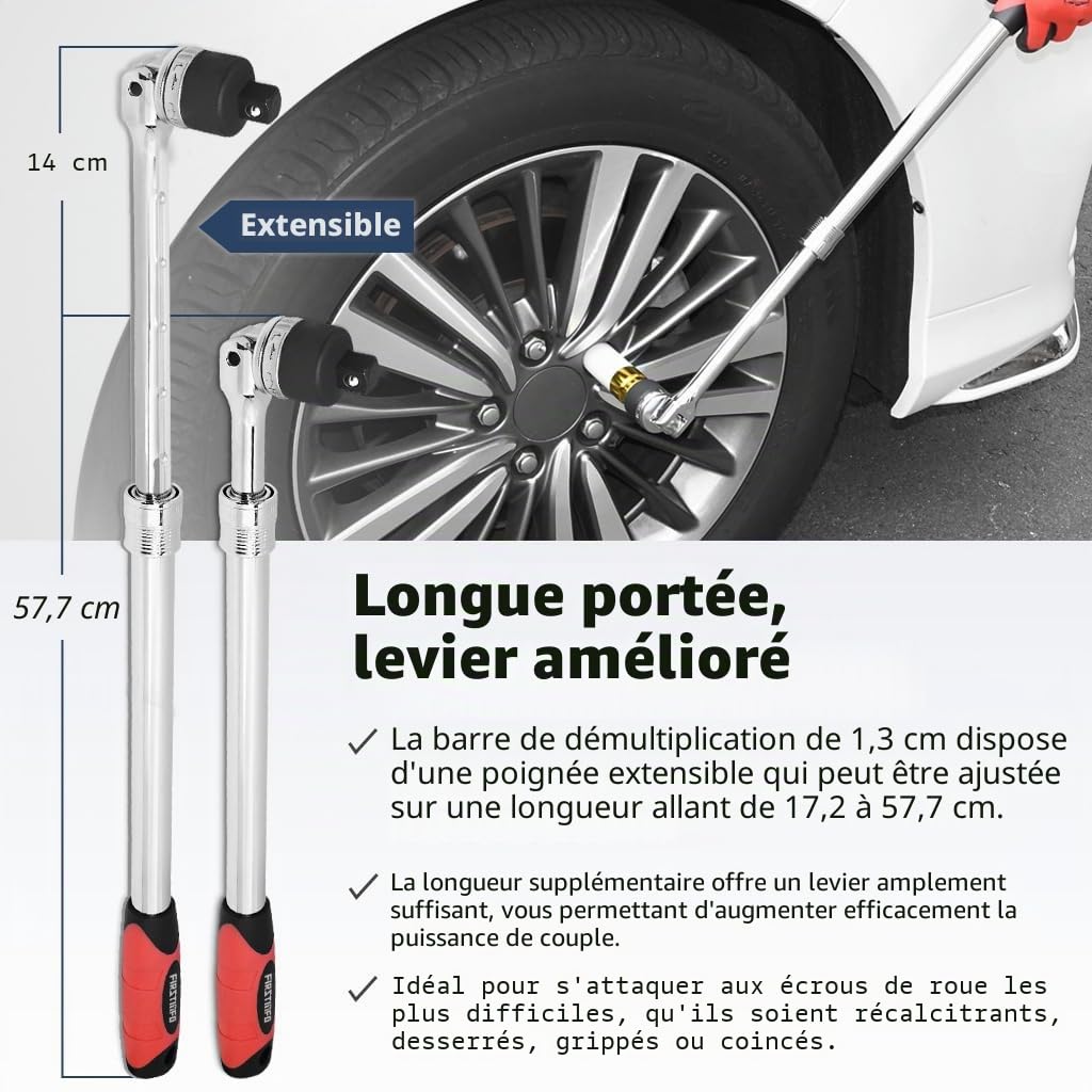 FIRSTINFO F32243D | Barre à démonter télescopique 1/2" avec cliquet flexible | longueur réglable de 436 à 576mm