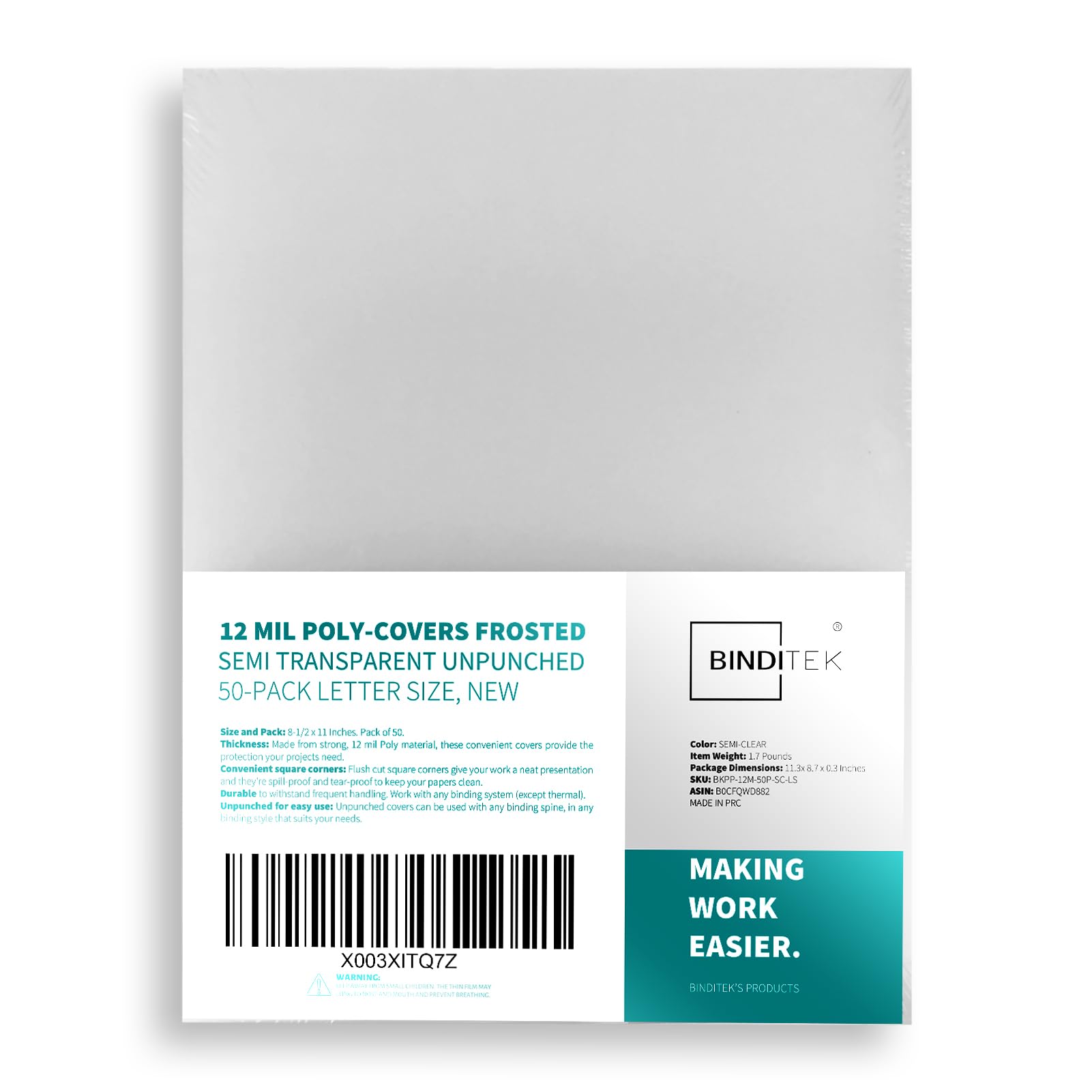 Binditek 12 Mil Binding Covers, 8.5x11 Inches, Semi-Transparent, 50 Pack