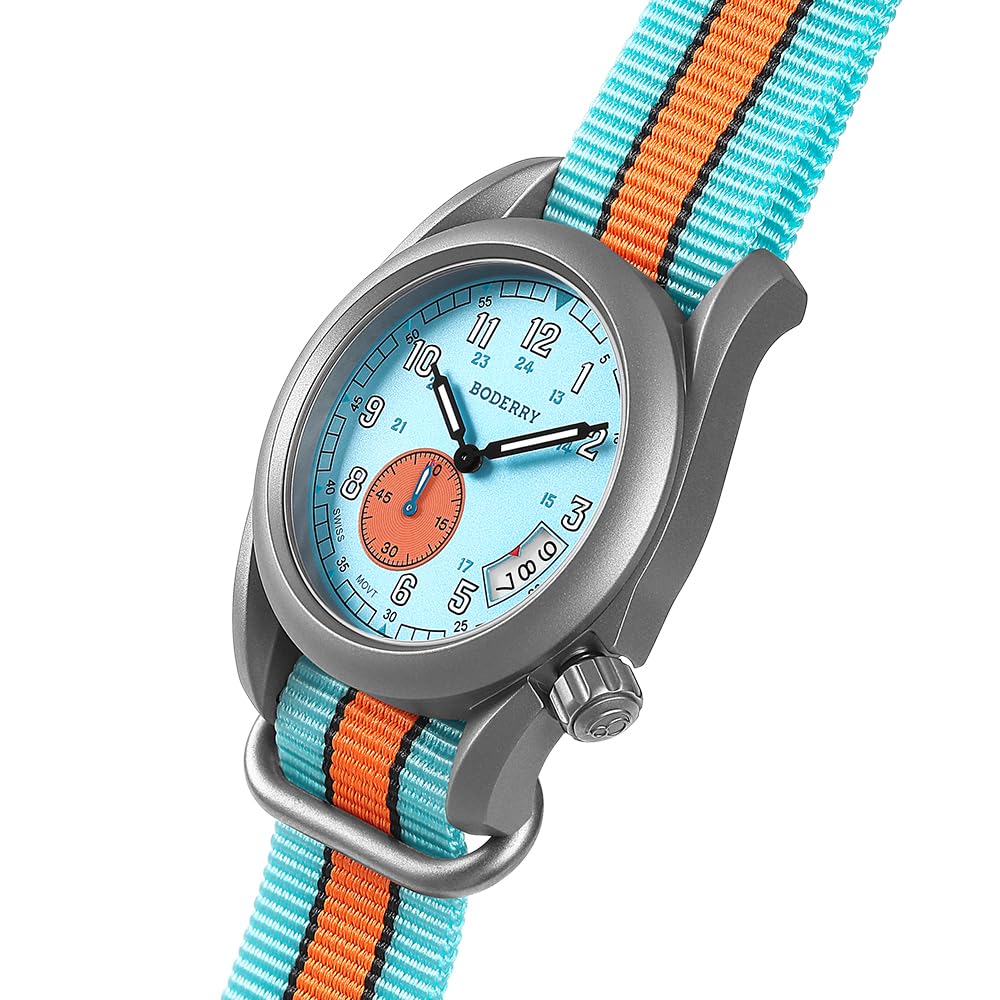 BODERRY Reloj de campo de titanio de 38 mm para hombre, movimiento de cuarzo suizo, reloj militar, función de fecha, resistencia al agua hasta 100 m, Voyager