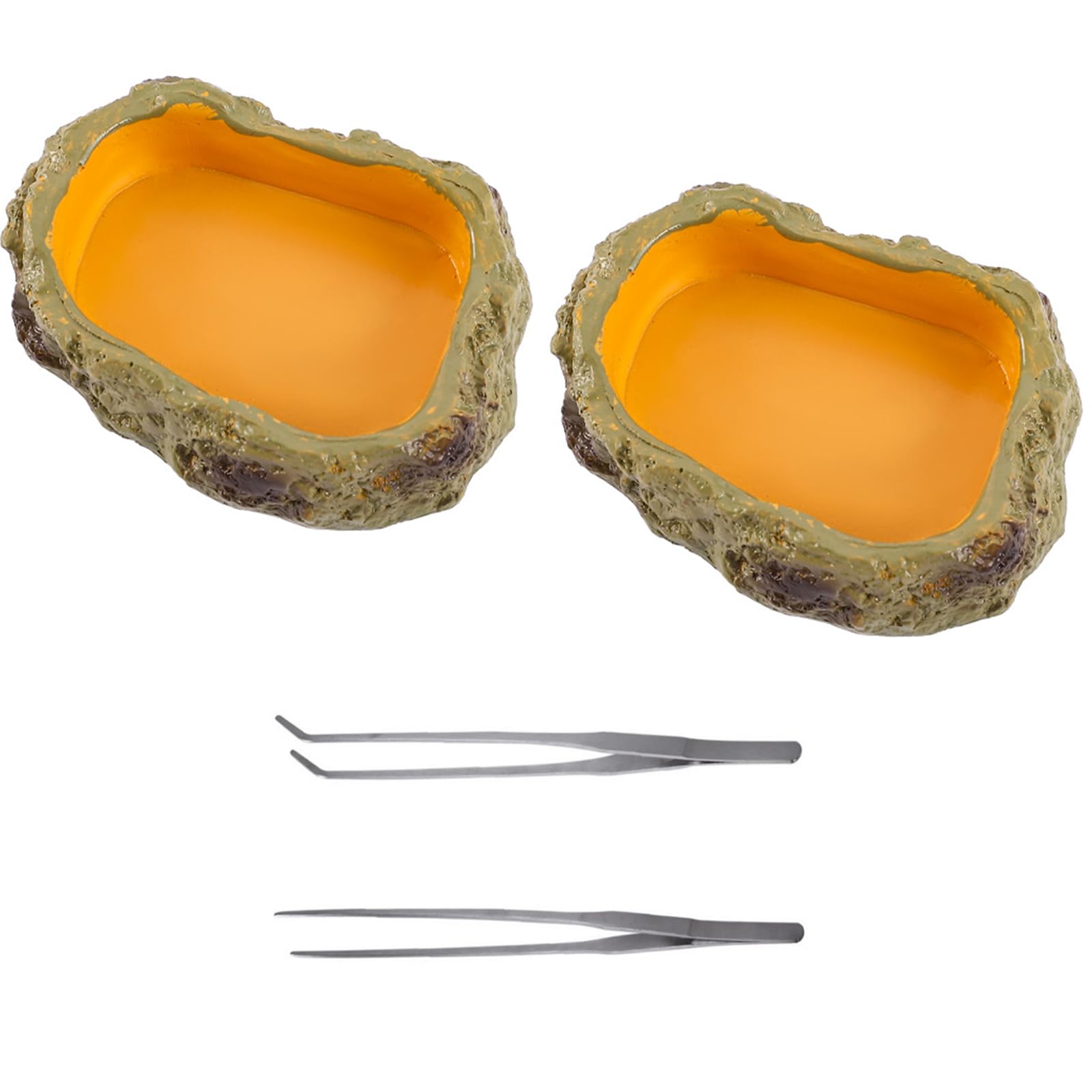Yuelulala 4pcs Reptile Growth Reptile Water Dish Food Bowl Set Includes 2 Food Feeder Bowl Resin 2 Feeding Tweezer Tong for Pet Tortoise Lizard Frog Gecko Snake Chameleon (A21-2)