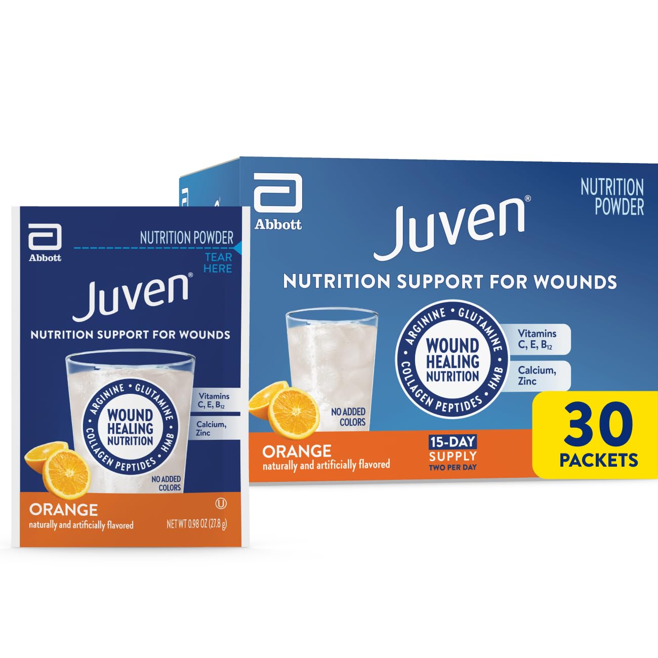 Therapeutic Nutrition Drink Mix Powder for Wound Healing Includes Collagen Protein, Orange, 0.97 Ounce (Pack of 30)