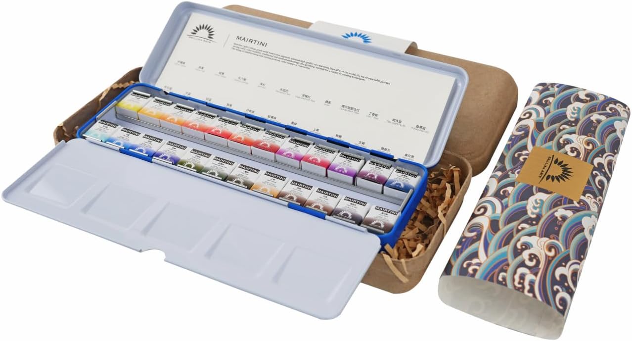 Mairtini Academy Grade Brilliant Series“Oriental Charm” Half-pan Solid Watercolor Paint 24 Colors Set with Blue Iron Case