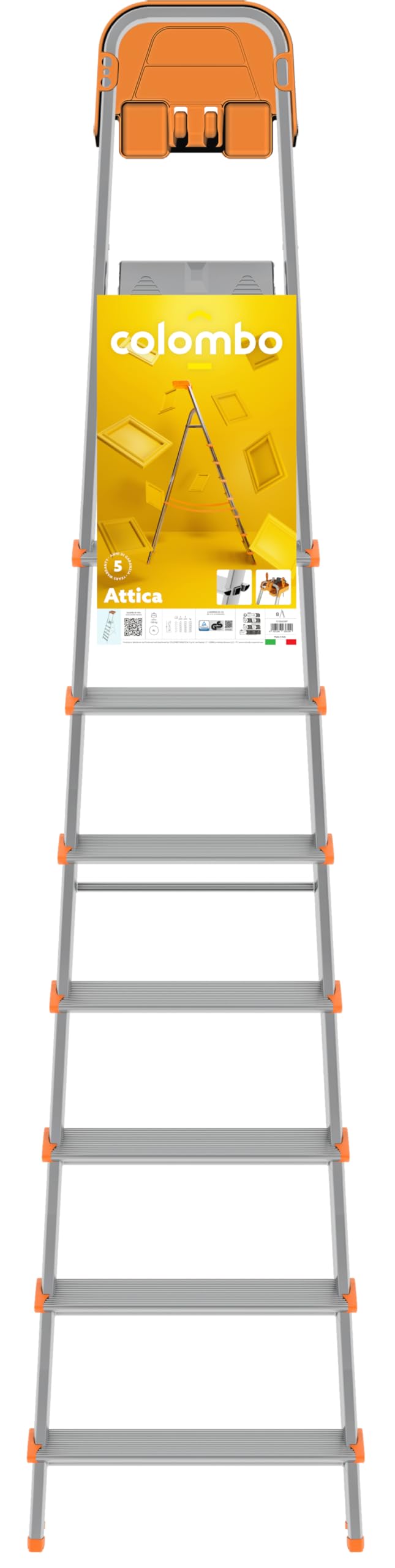 Colombo Scala Pieghevole Alluminio Attica 3/4/5/6/7/8 Gradini Senza Rivetti | Scala 8 Gradini Robusta con Piattaforma e Vaschetta Portautensili | Portata 150kg | Conforme EN131 TÜV-GS | Made in Italy