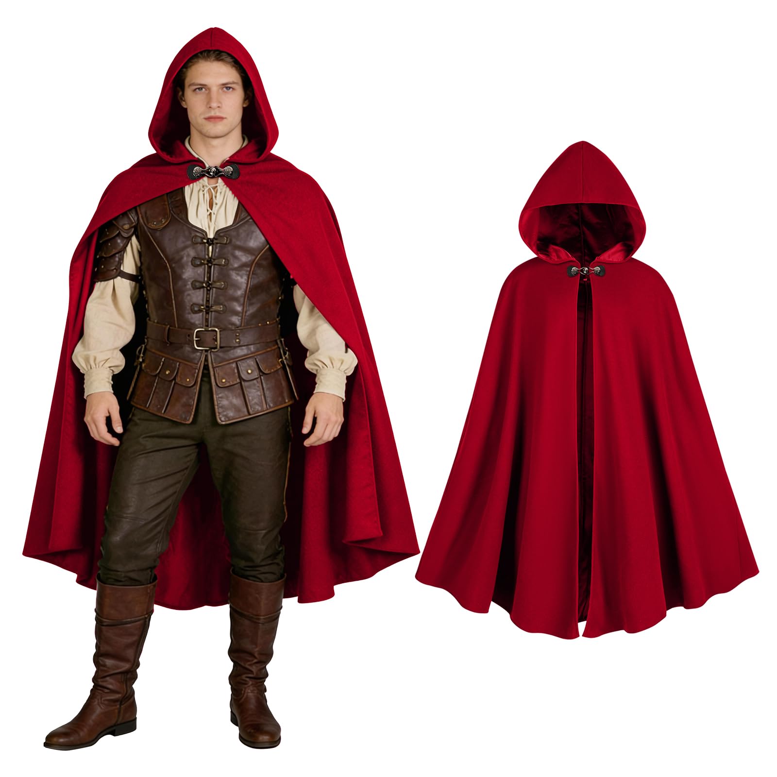 QEKFDOV Renaissance Hooded Cape,Witch Hooded Cape,Medieval Cloak with Hood for Men Women,Halloween Cosplay Costume (Wine red)