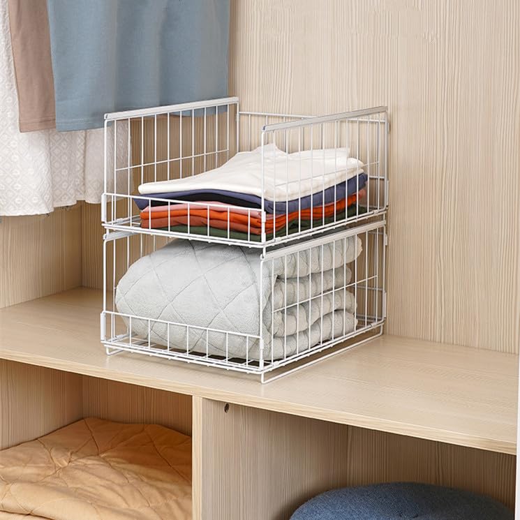 NATTY NING 【スライド引き出し式収納バスケット】折り畳み可能 大容量25.6L×2個組 自由積み重ね 炭素鋼メッシュ 可視化デザイン 簡単組立 押入れ/クローゼット用 階層分類収納 省スペース ワンタッチ引き出し ホワイト (41×30.5×20.5cm)