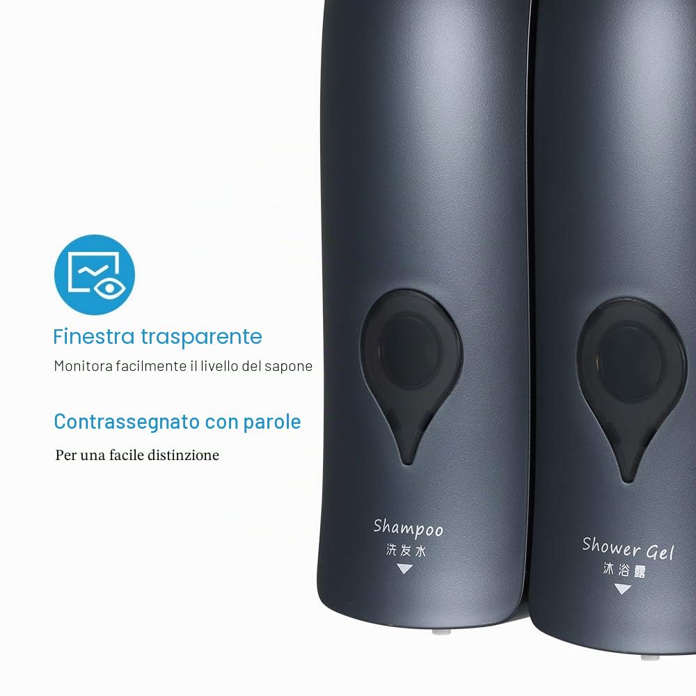 Decdeal 1 300ML x2 Manuale Dispenser di Sapone, Bagno Doccia Gel Shampoo Liquido Disinfettante Distributore di Dispenser,Senza Foratura（Grigio）