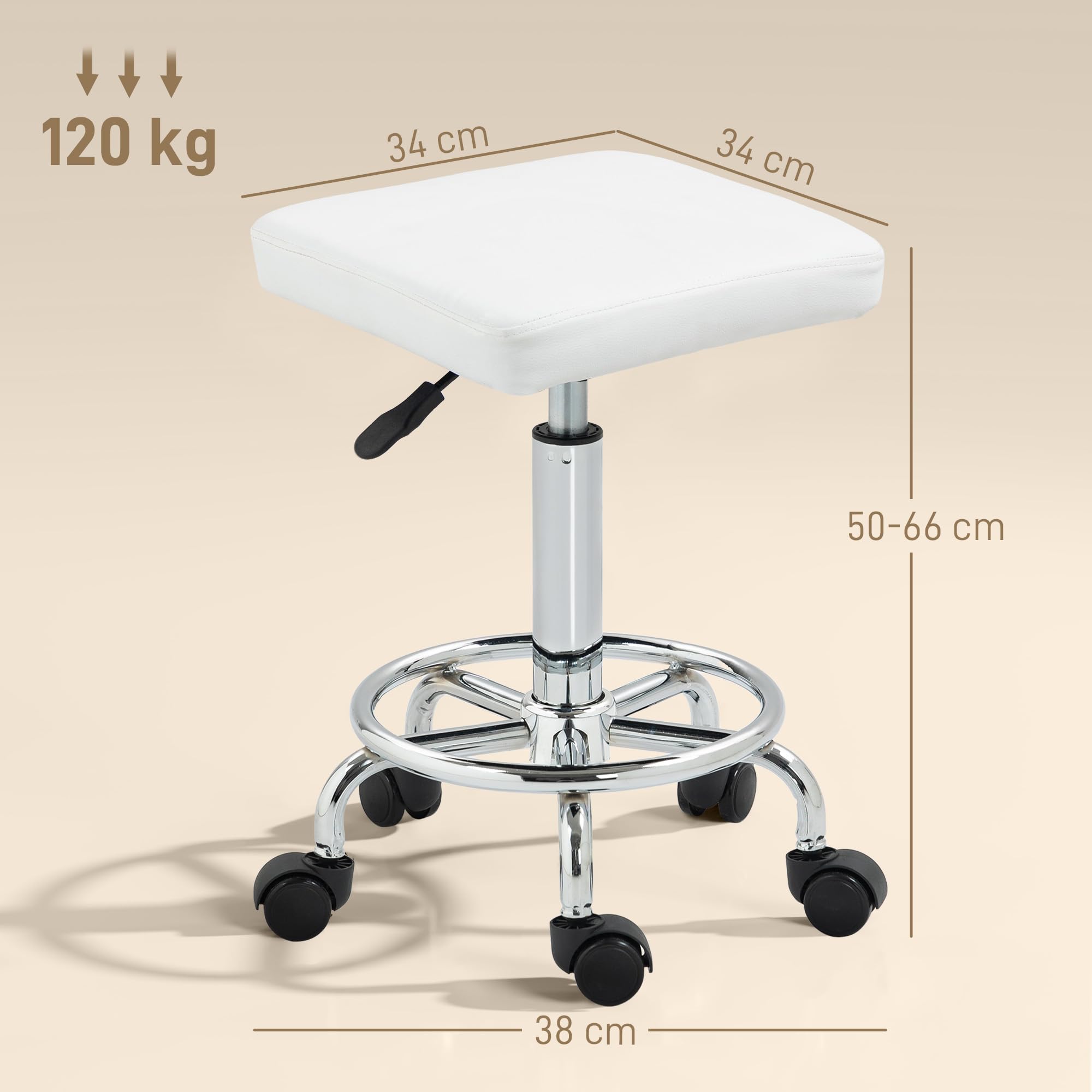 HOMCOM Taburete Giratorio Taburete con Ruedas Altura Regulable 50-66 cm Asiento Tapizado de Cuero Sintético Reposapiés para Salones y Talleres Blanco