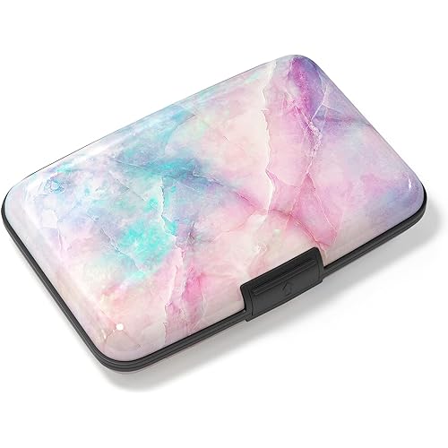 Atufsuat Credit Card Holder, Mini Aluminum Card Wallet RFID Blocking Slim Metal Hard Card Case for Women Men, Colorful Marble
