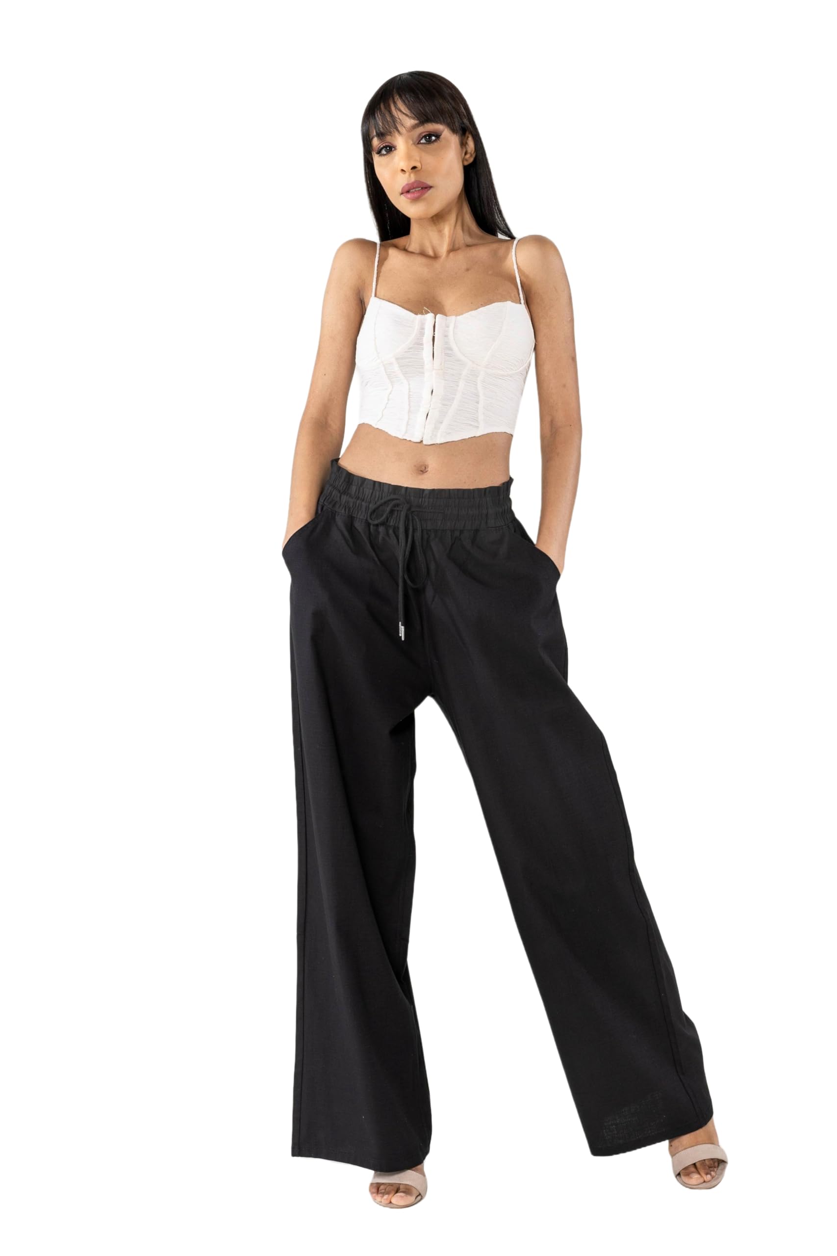 Nina Carter A001 Pantalon d'été léger et large pour femme en mélange de coton stretch, taille élastique, aéré et respirant, coupe ample, aspect lin