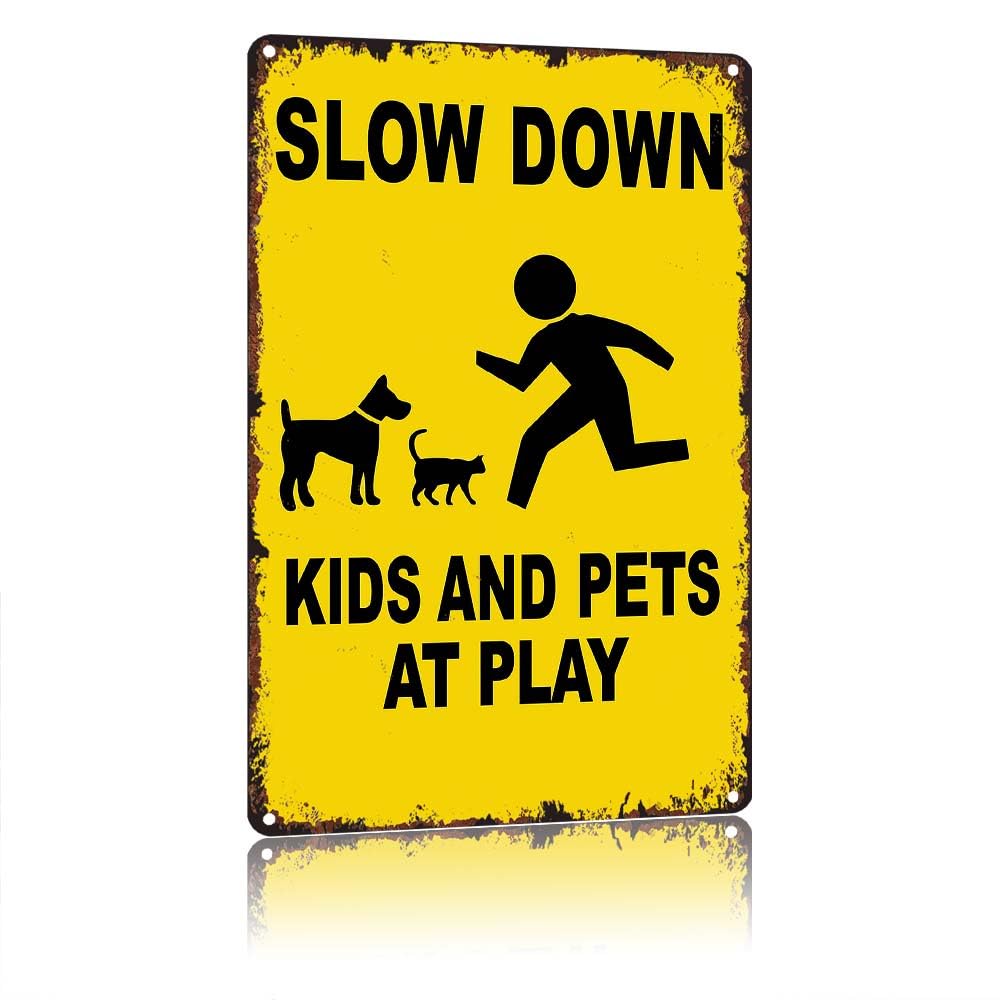 Slow Down Kids And Pets At Play Warning Metal Sign, Vintage 12X8in Aluminum Tin Sign, Outdoor Street Decorative Wall Art Plaque, Rustproof Weatherproof Decorative Sign For Neighborhood Driveway Garde