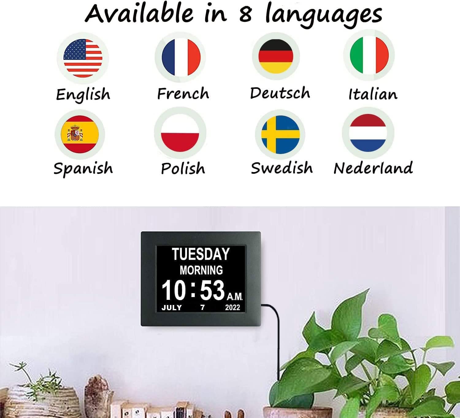 Aowasi Digitale Tagesuhr, 20,3 cm, ohne Abkürzungen, Tag und Datum, Demenz, Sehbehinderung, Kalenderuhren, perfekt für Senioren, ältere Menschen, schwarz
