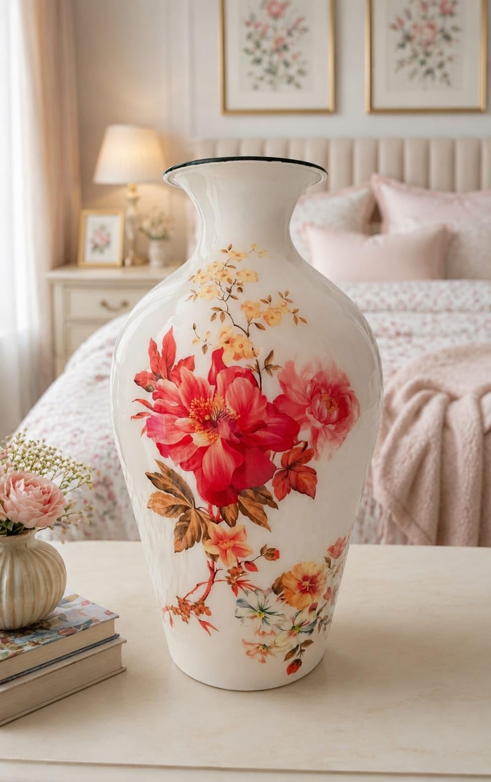 Hand-Painted Metal Flower Vase for Home Décor – Decorative Floral Printed White Vase for Living Room, Dining Table & Office Centerpiece-image-23