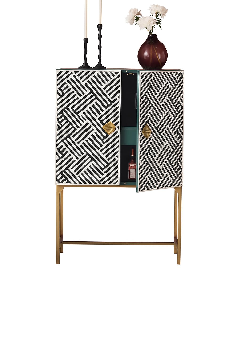 Bone Inlay Bar Cabinet – 2 Door Black & White | Handmade Inlay Tall Storage Cabinet – W85 x D48 x H160 cm | Luxury Living Room & Dining Furniture