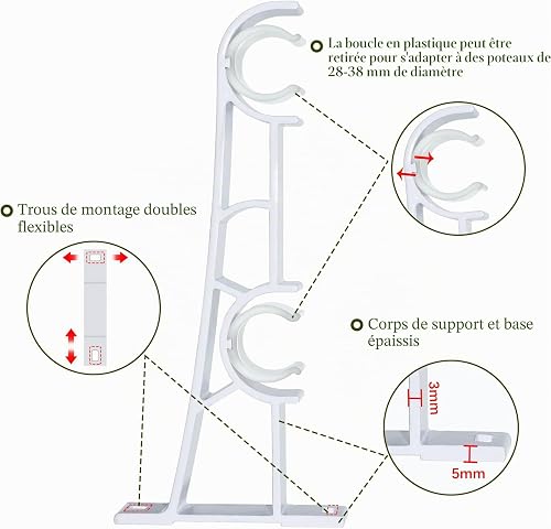 Supporto per asta per tende, confezione da 4 supporti doppi per tende, 28 mm, robusti supporti per asta per tende, colore bianco, ganci di supporto per tende - 3