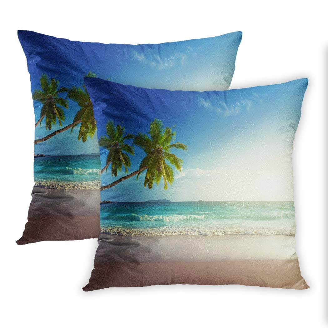 Nekkzi Cushion Covers Set of Two Print Blue Coconut Sunset on Seychelles Beach Orange Wave Africa Sofa Home Decorative Throw Pillow Cover 16x16 Inch Pillowcase Hidden Zipper