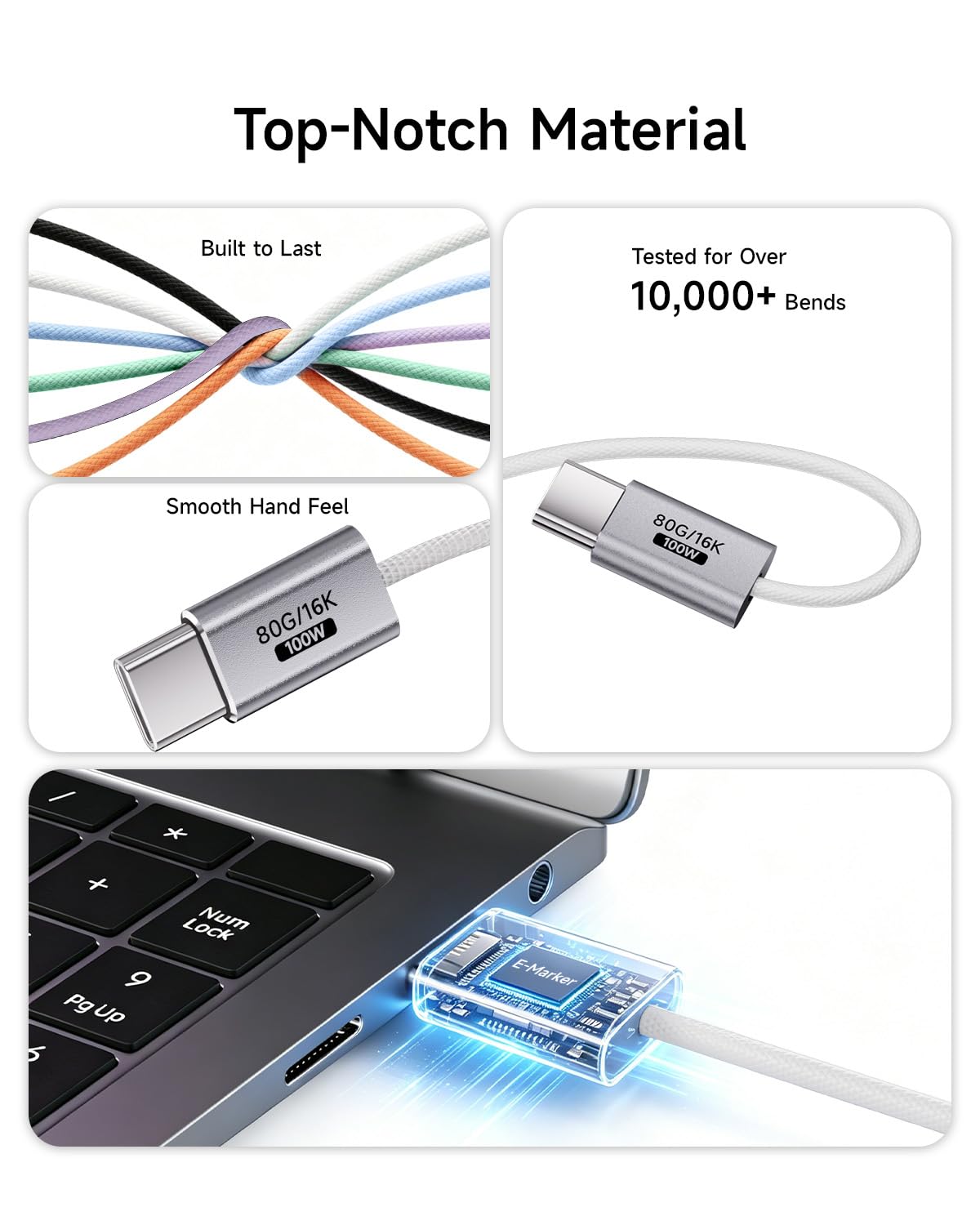 [2Pack-Blanco 1M Cable USB C a USB C,Transferencia de datos de 80Gbps Compatible con Thunderbolt 5/4/3,100W Carga Rapida,16K/8K/4K de Transmisión Para Hub,Docking,SSD,Monitor,Carplay,Tableta