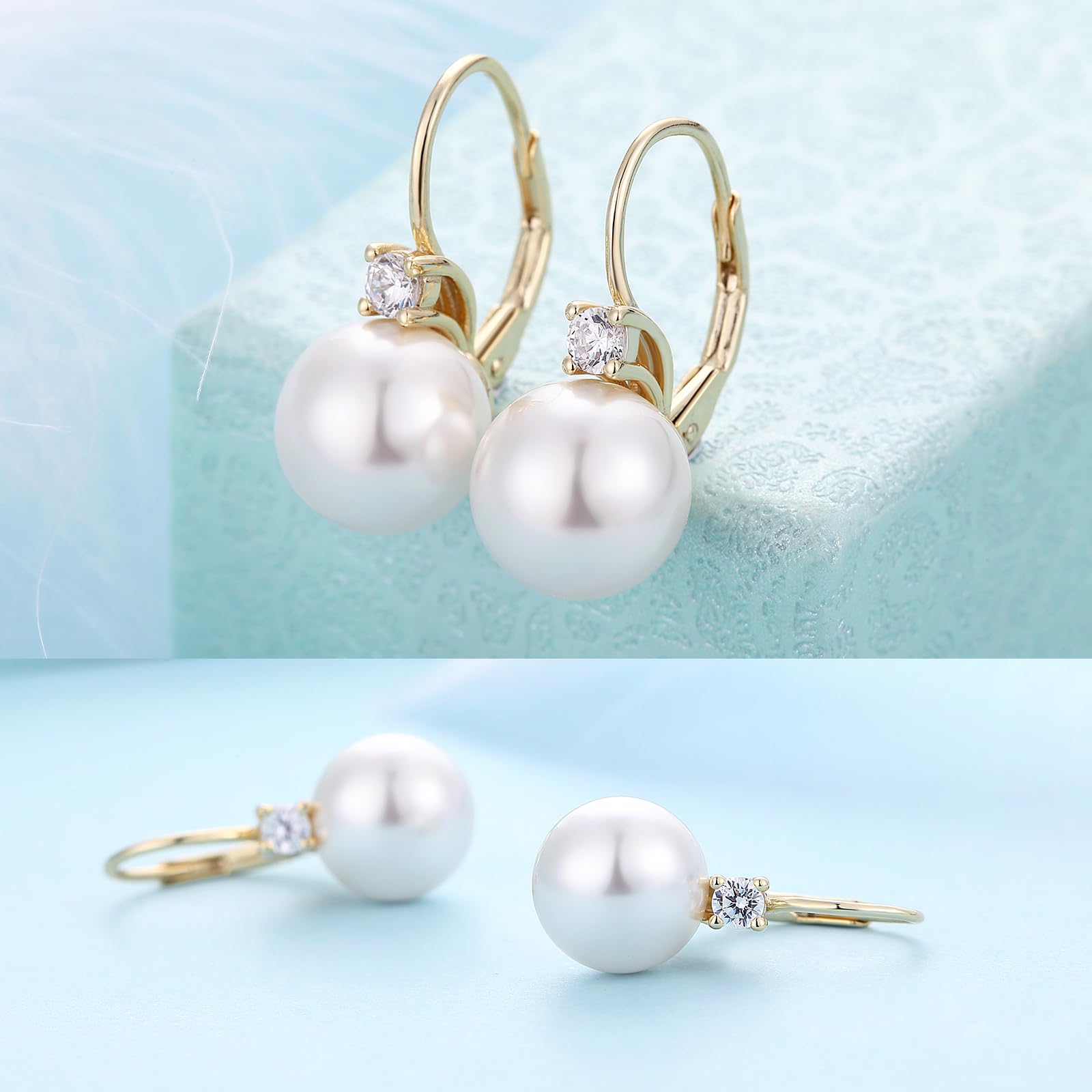 Perlen Ohrringe Hängend 18K Weißgold plattiert S925 Sterling Silber mit Weißen Perlen und AAAAA Zirkonia Kristallen für Damen
