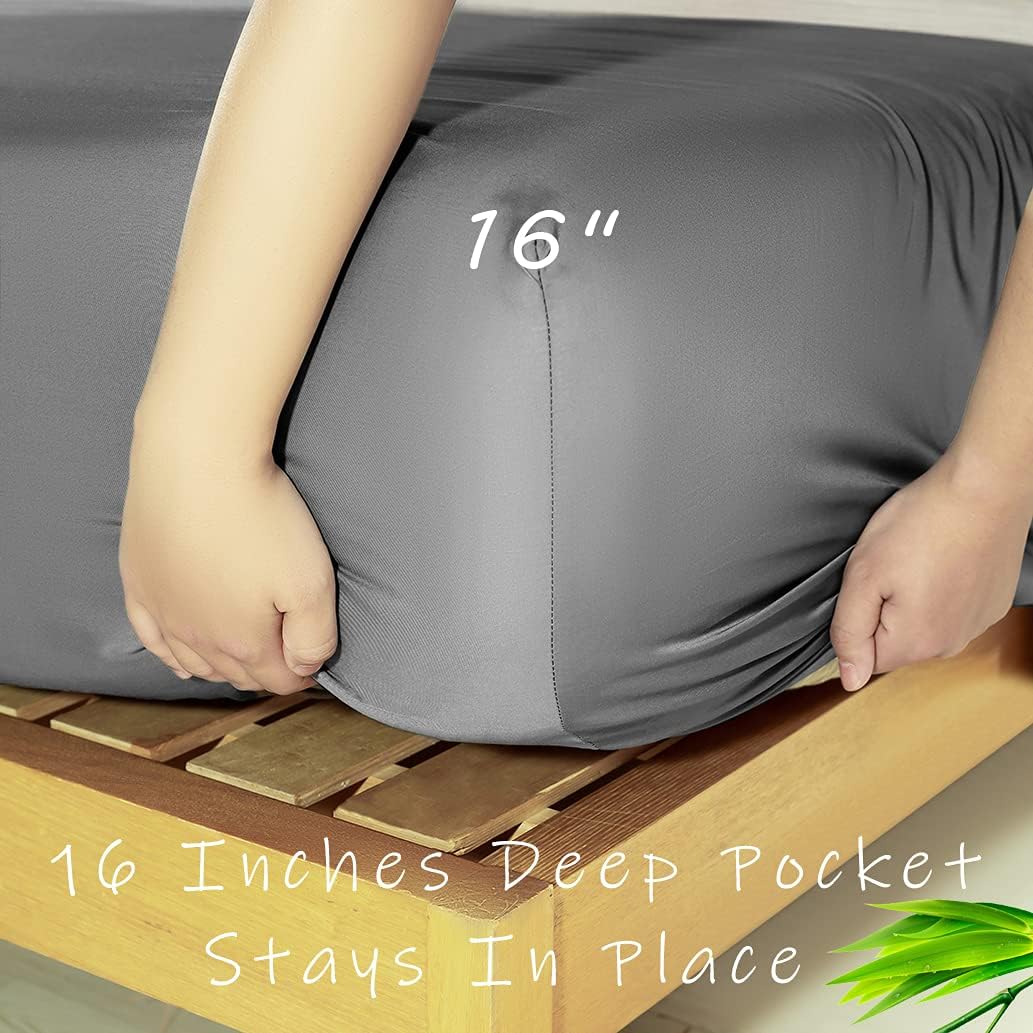 LBRO2M 100% Bamboo Bed Sheet Queen Size 4 Piece Set,Cooling 1800 Thread Count Sheet,16 Inches Deep Pocket,Bedding Super Soft Silky Smooth,Comfortable,Cool,Dark Grey : Home & Kitchen