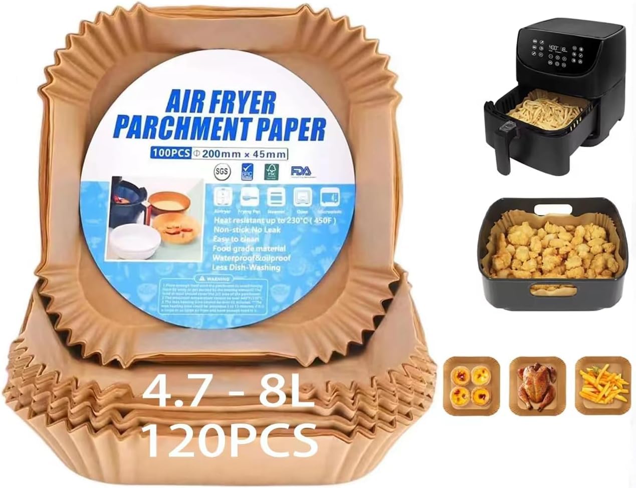 MUOIVG Papier Sulfurisé Carré Pour Friteuse à Air, 120 Pièces 20cm Papier Cuisson Air Fryer, Antiadhésive Imperméable Air Fryer Paper Liner Pour 3-4.5L Friteuse à Air, Accessoires Air Fryer