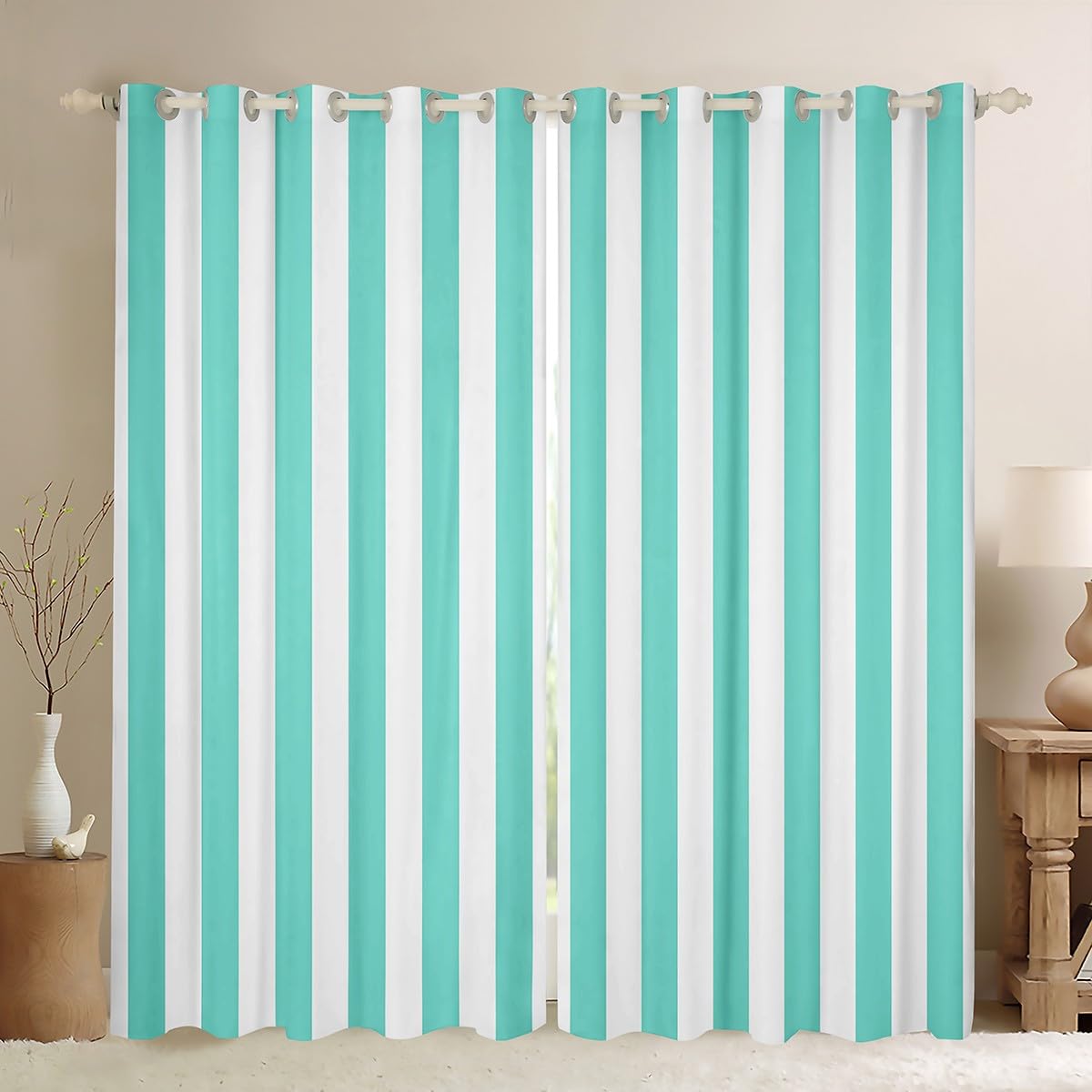 Homemissing Teal White 30%-50% Blackout Shades (2 Panels, W52*L90) Stripes Curtain for Kids Boys Girls Decor Geometric Window Drapes Breathable Soft Microfiber Abstract Modern Art Bedroom Decor โ image 1