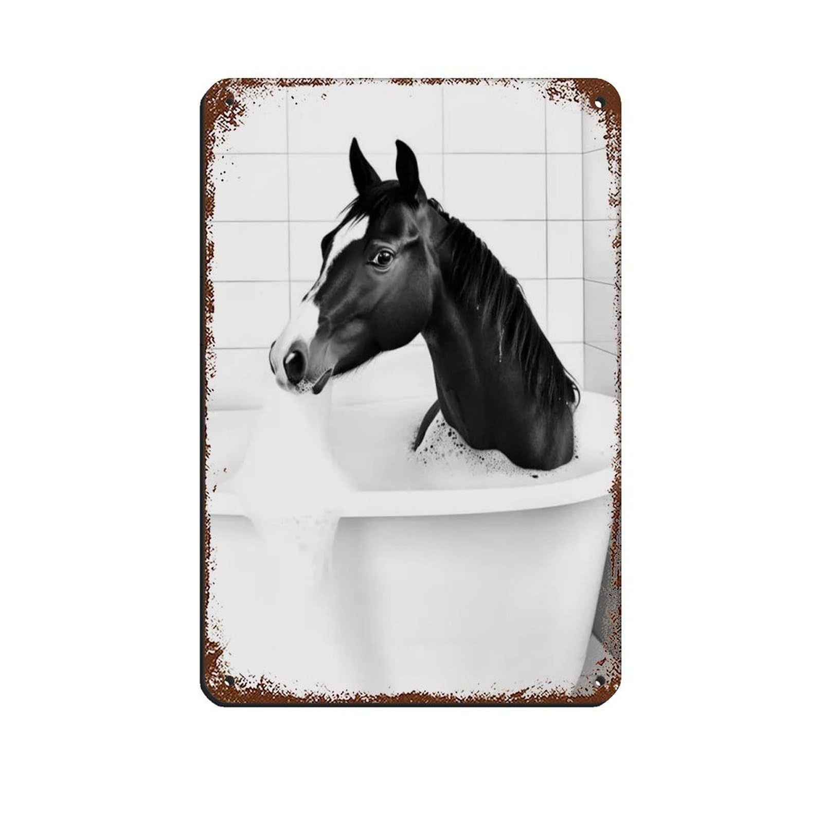 Horse in The Bathtub, Cute Bathroom Art Retro Poster Metal Tin Sign Chic Art Retro Iron Painting Bar People Cave Cafe Family Garage Poster Wall Decoration 8x12inch(20x30cm)