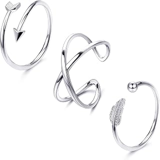 3Pcs 925 Sterling Silver Open Adjustable Rings for Women Men Stackable Cross Arrow Heart Moon&Star Paperclip Rings Hypoallergenic Thumb Knuckle Simple Ring Set Size 6-9