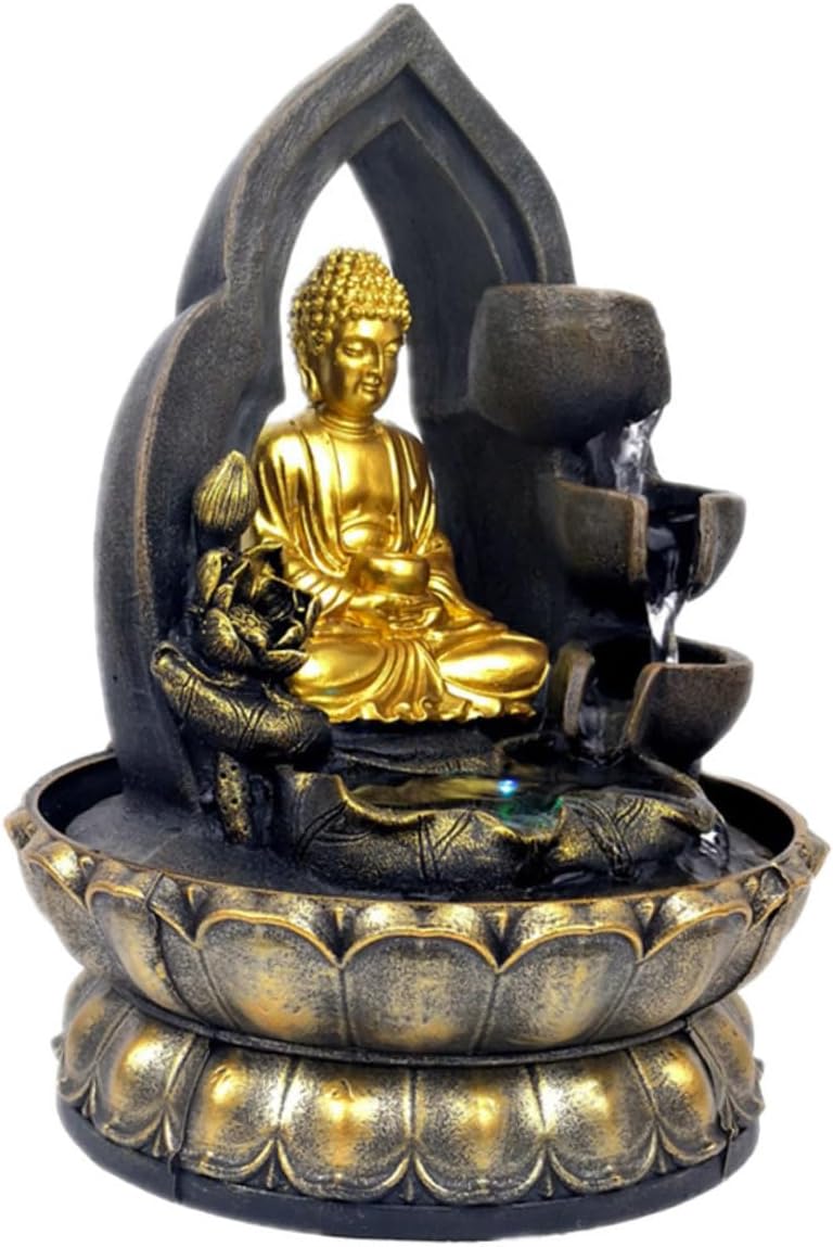 DOITOOL Buddha Tabletop Waterfall Fountain with LED Light Resin Sculpture Indoor Flowing Water Decor Chinese-Inspired Serene Ambiance for Home Office Desk Decoration