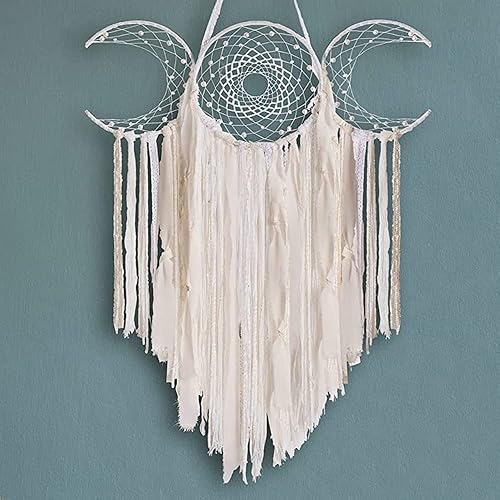 ANROYE Colgante de pared de macramé blanco con triple luna y media luna, atrapasueños bohemio para dormitorio de mujeres, tapiz tejido, regalo de