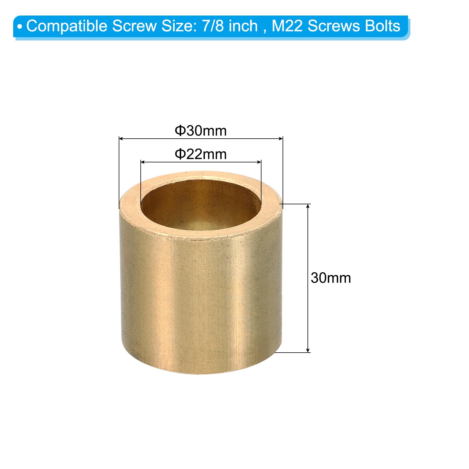 PATIKIL M22 Brass Spacers, 1 Pcs Metal Spacer Brass 22mm ID x 30mm OD x 30mm L Brass Spacers Screw Standoff for 7/8 Inch or M22 Screw - Image 2