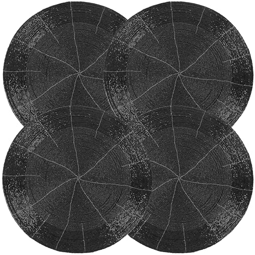 Manteles individuales redondos de 13 pulgadas con cuentas hechas a mano, juego de 4 manteles individuales hechos a mano, comedor diario, color negro azabache