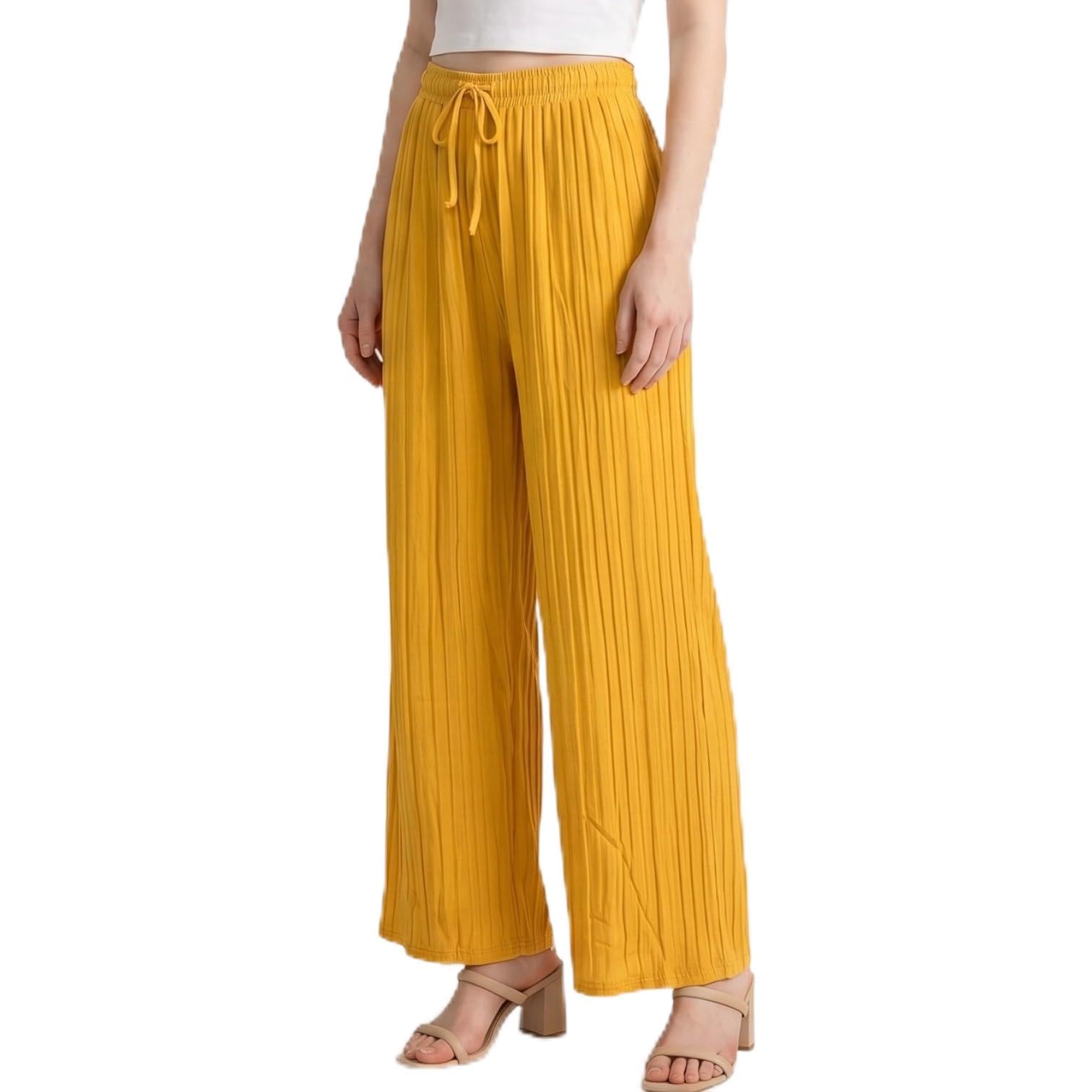Women's Wide Leg Palazzo Pants, Relaxed Fit, Flared, Lightweight Fabric, Elastic Drawstring Waist | Free Size-picture-38