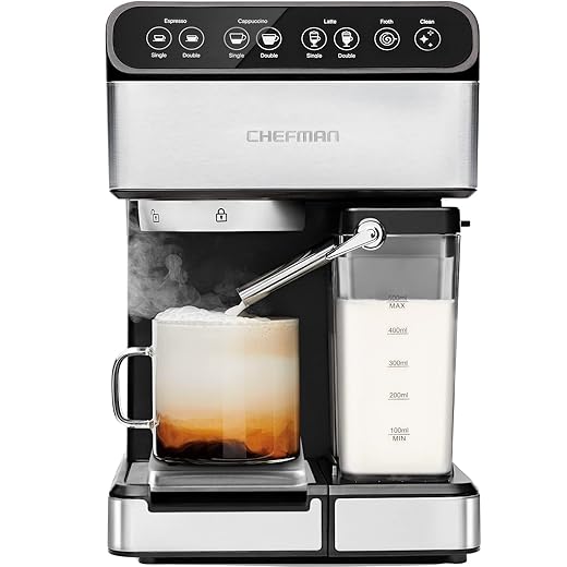 Chefman 6-in-1 Espresso Machine with Built-In Milk Frother, 15-BAR Pump, Digital Display, One-Touch Single or Double Shot Espresso for Cappuccinos and Lattes, XL 1.8-L Water Reservoir, Stainless Steel