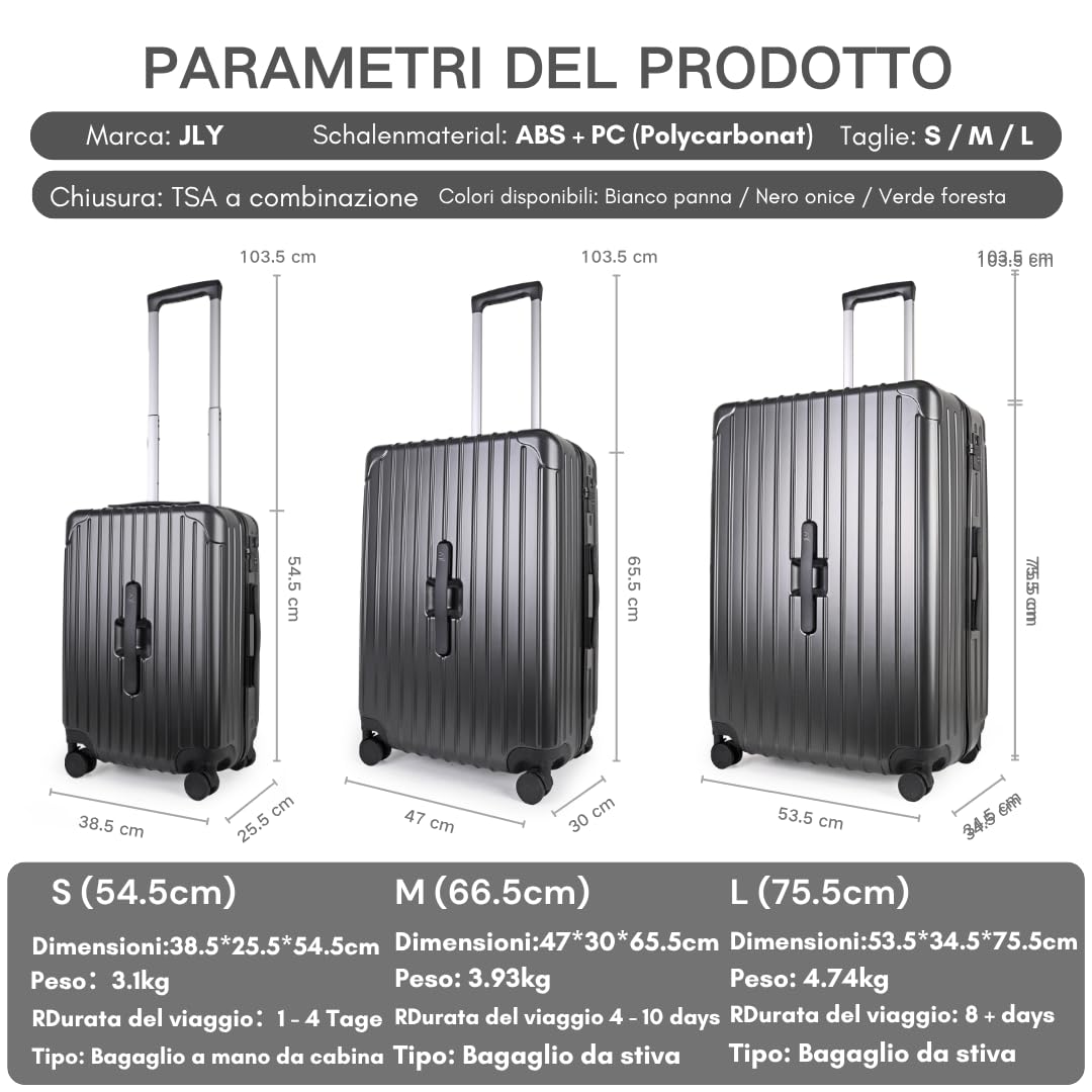 JLY Valigia Leggera Rigida con Ruote Girevoli a 360°, Chiusura TSA e Porta Bevande Integrata – Perfetta per Viaggi e Business
