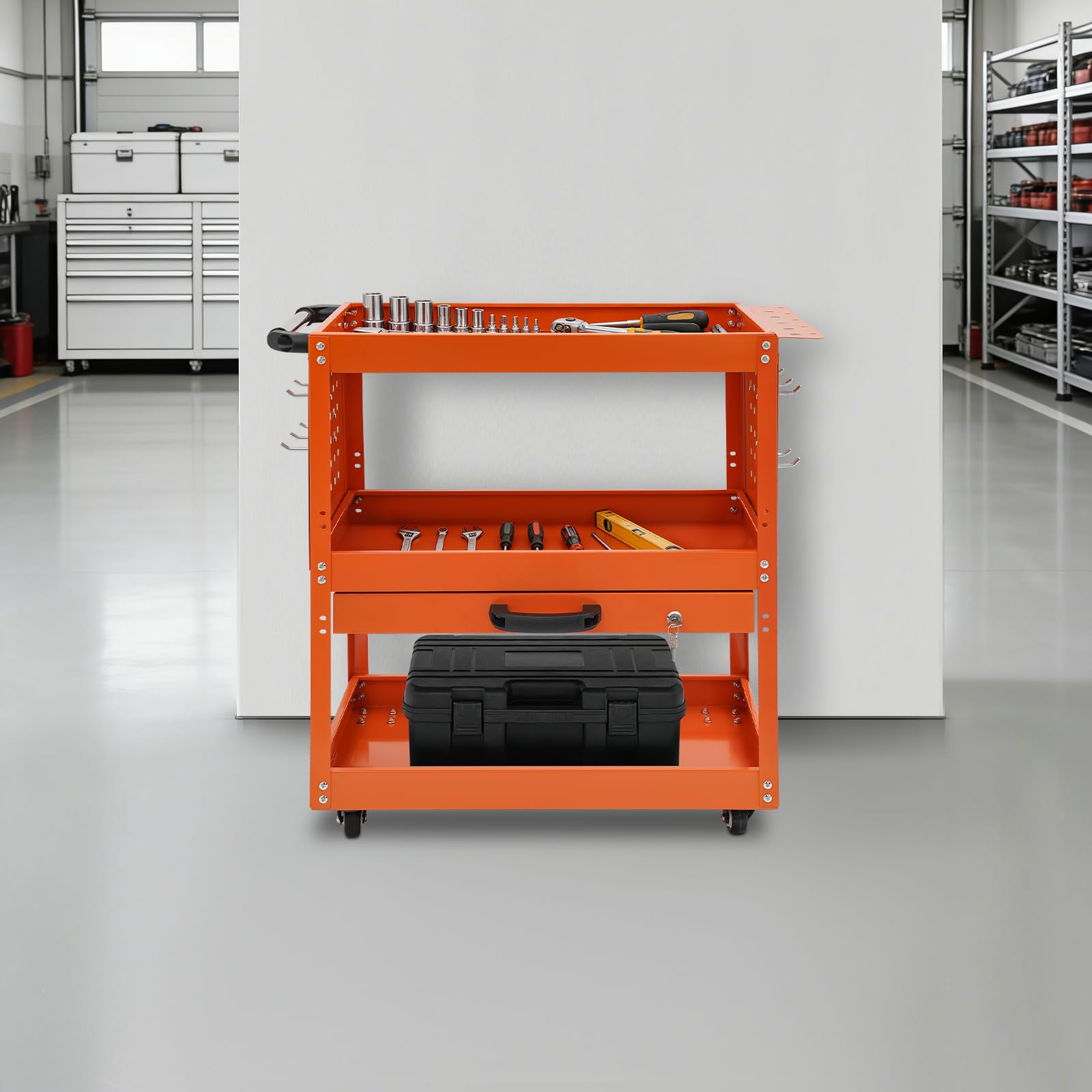 Carrello da officina a 3 ripiani con cassetto, portata 250 kg, carrello per attrezzi, per magazzino, garage, officina (arancione)