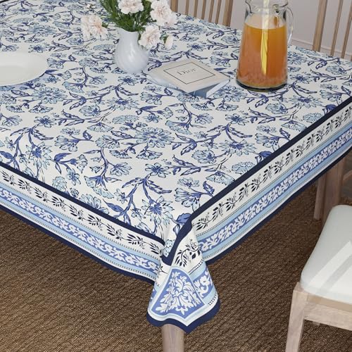 Image of Encasa XO Dining Table Cover Cloth for 6 to 8 Seater | 140x240 cm Rectangular Table Cloth | Water Repellent Polyester Tablecloth for Indoor & Outdoor Use - Indigo Digital Print