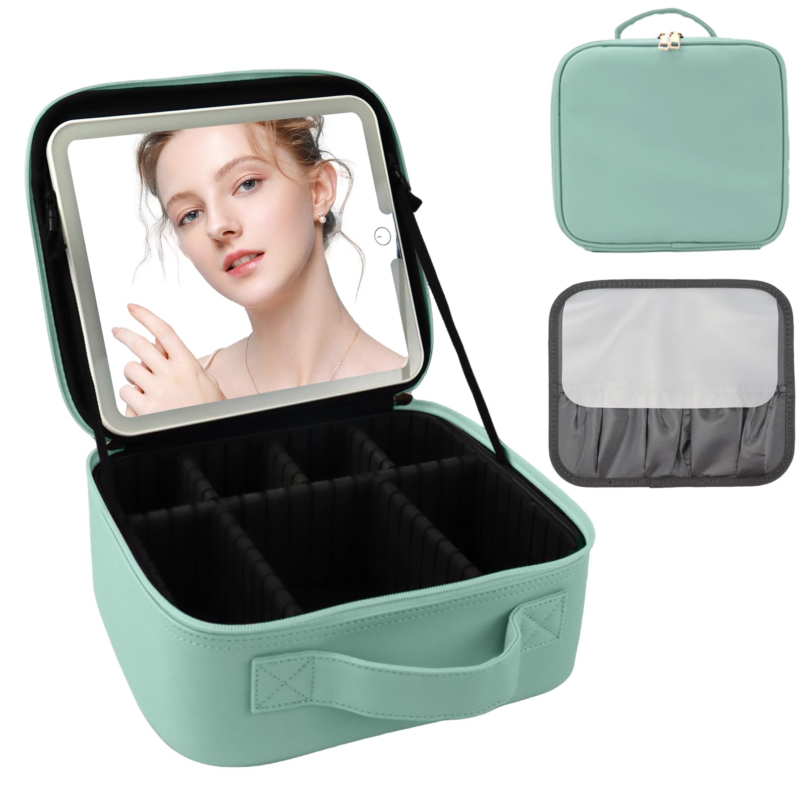 SUILU Travel Makeup Bag with LED Mirror and Light Makeup Travel Bag Organizer Portable Cosmetic Brush Organizer Bag with Adjustable Dividers for