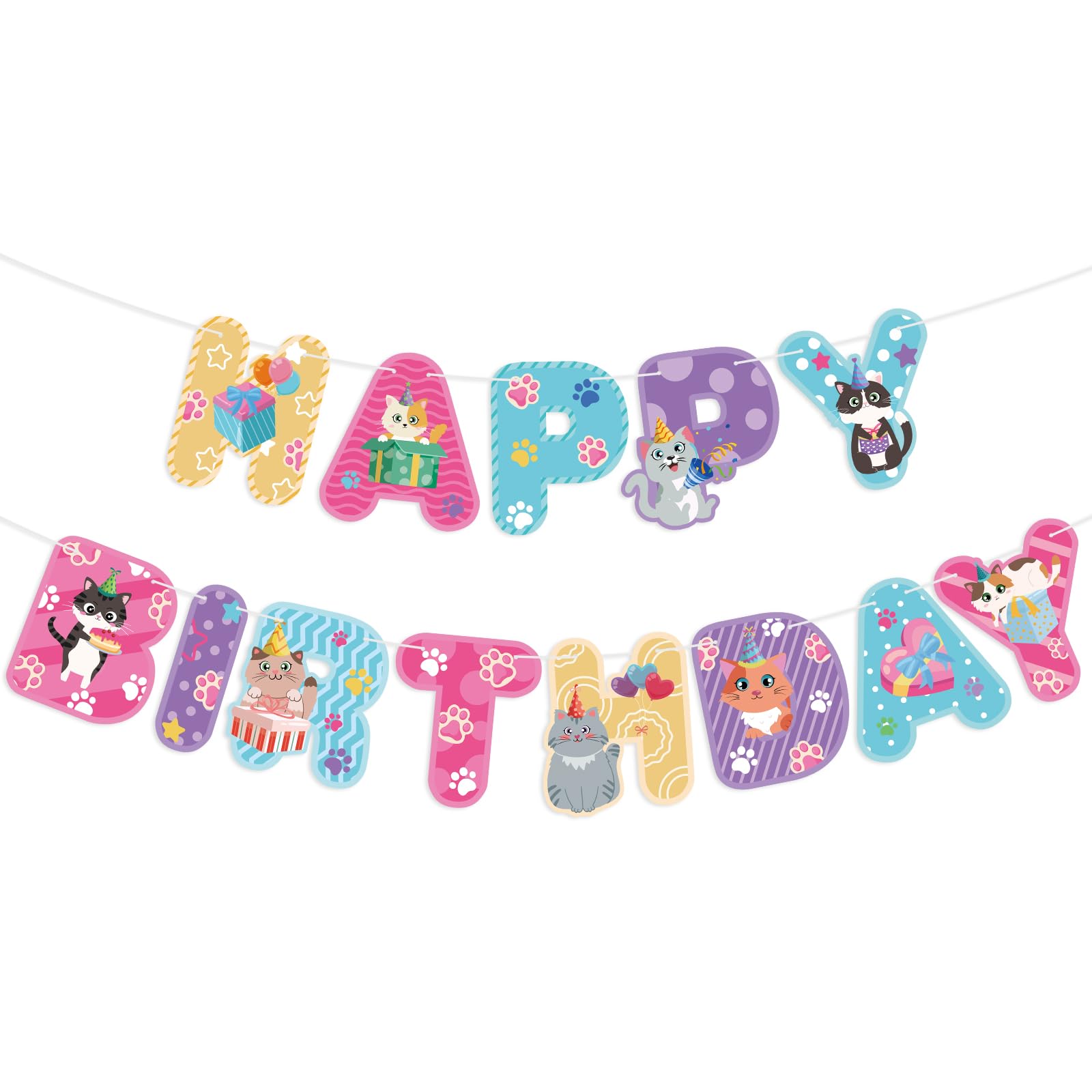 Hooqict Happy Birthday Banner Cat Birthday Decorations Colorful Party Banner Garland Sign for Kids Girls Boys 1st 2nd 3rd Funny Cat Themed Birthday Party Decorations Supplies