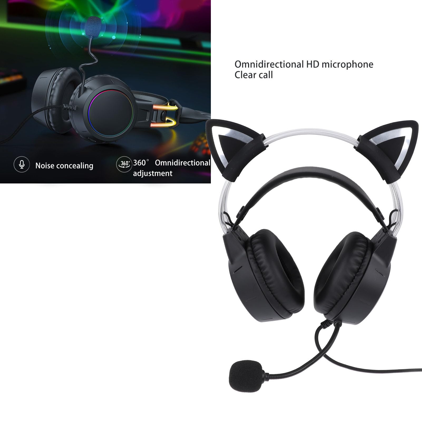 Bluetooth Kopfhörer, Katzenohr Kopfhörer mit Mikrofon, Verstellbarer Kopfbügel, Kabellose Kopfhörer mit 7 RGB LED Leuchten, Gaming Headset für Kinder und Erwachsene, 15 Stunden