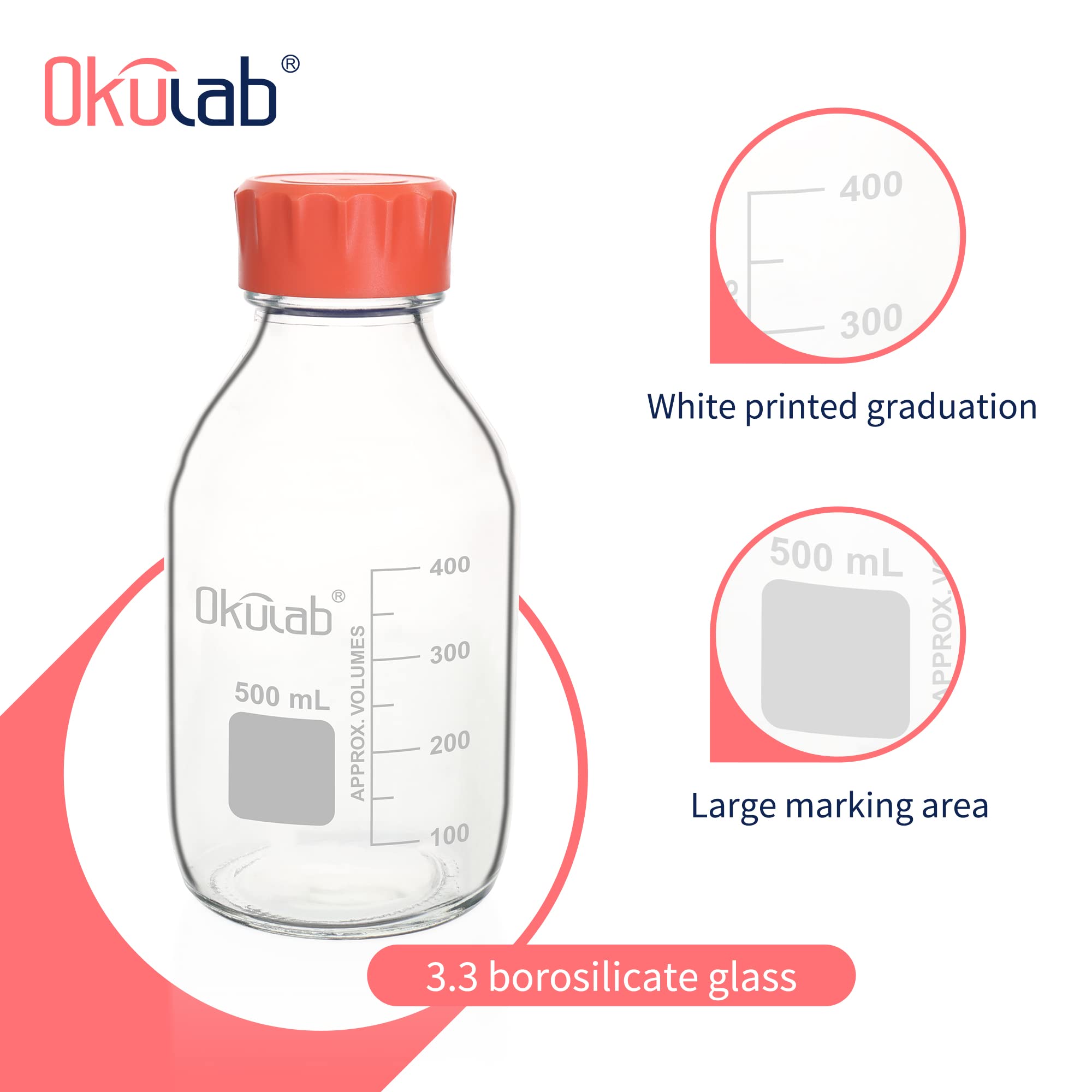 4 botellas redondas de almacenamiento de medios de 500 ml, vidrio de borosilicato 3.3, con tapas de rosca GL45 en material de polipropileno, GL45RB500A4