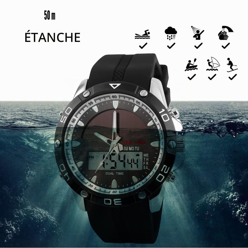 Solaire Montres Bracelet de Homme Outdoor Militaires 5ATM Étanche Multifonctionnel Analogique Quartz LED Sport Digital Montre Acier Inoxydable de la Lunette et Caoutchouc Ruban